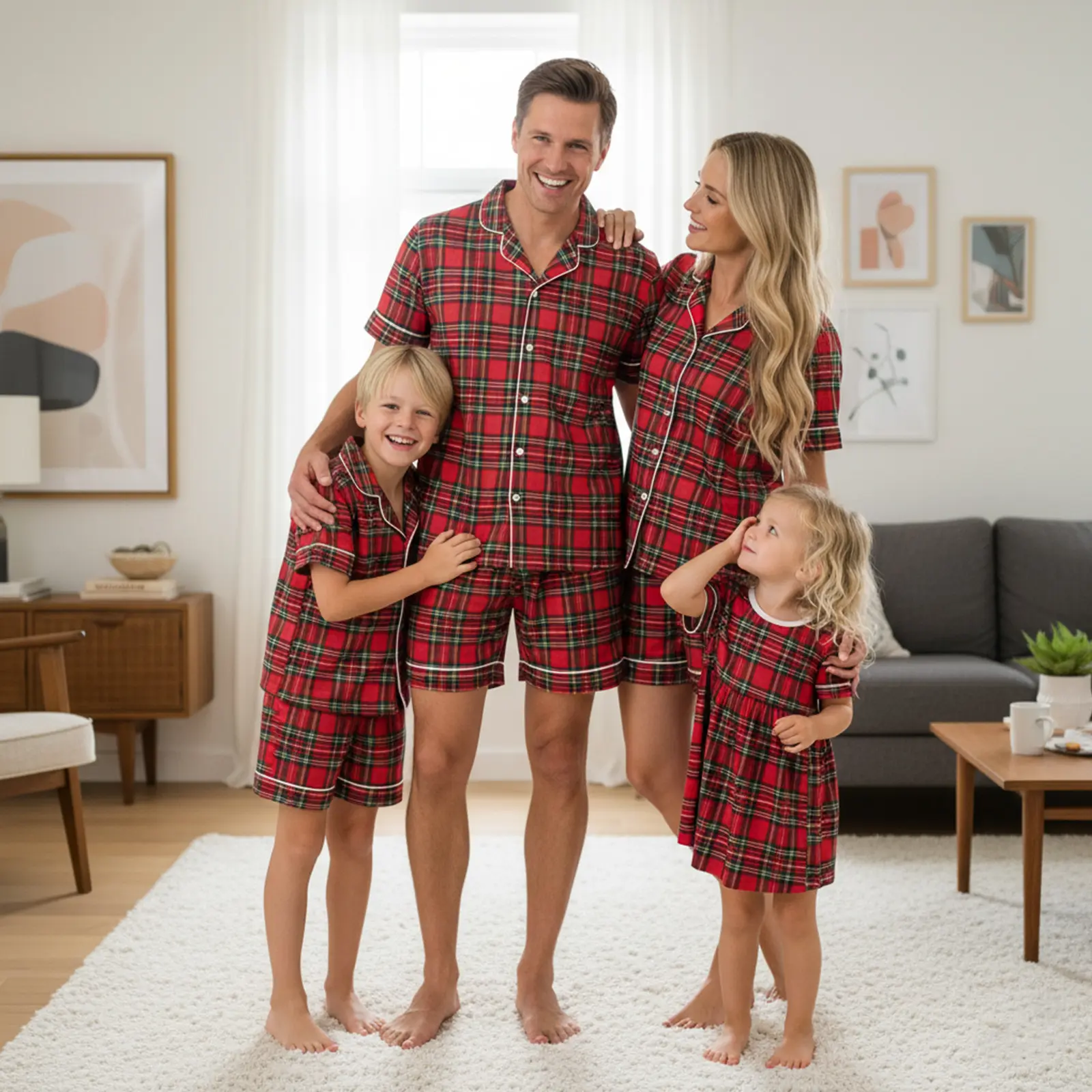 Family Matching Christmas Short Sleeve Pajamas Red Tartan Plaid Soft Fabric Adult Kids Baby Sizes Button Down Lapel Collar Holiday Family Photoshoot Loungewear