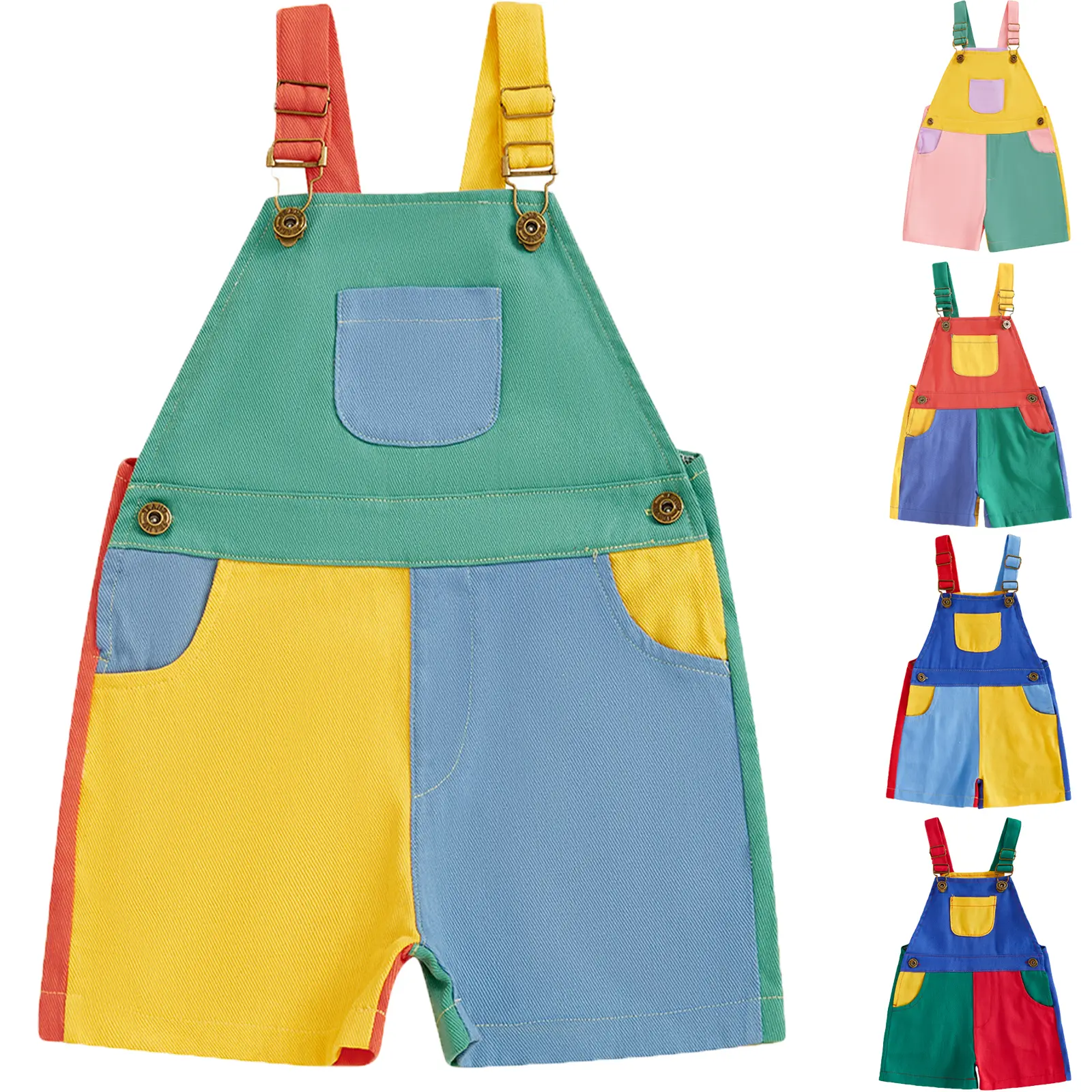 90's Style Toddler Overalls Shorts Babby Boy Girl Suspender Romper Contrast Color Sleeveless Jumpsuit with Adjustble Shoulder Strap Shorts
