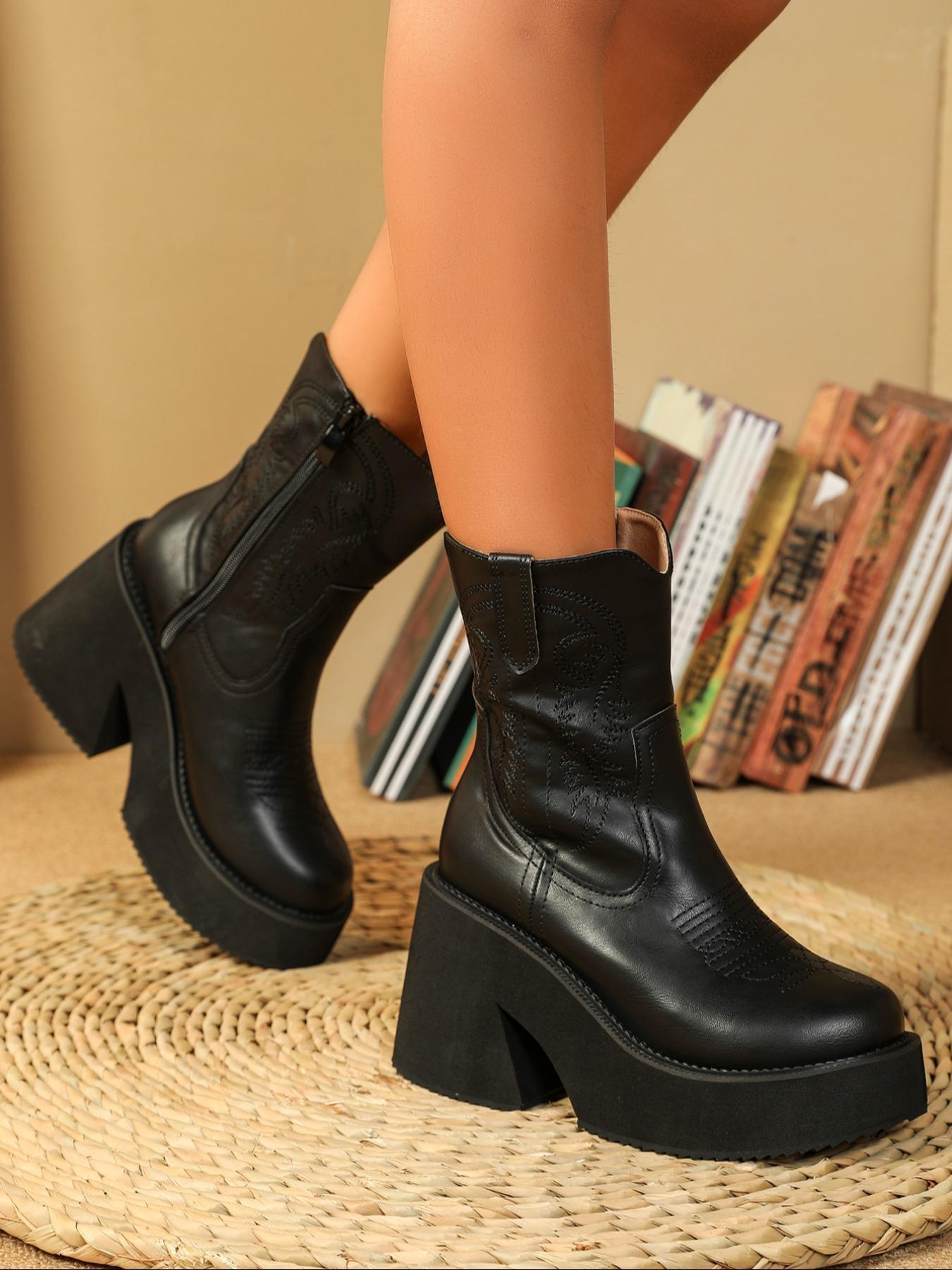 Women's Fashionable Western Embroidered Design PU Leather Boots, Elegant Round Toe Mid-calf Boots, Casual Comfortable Platform Shoes for Daily Wear