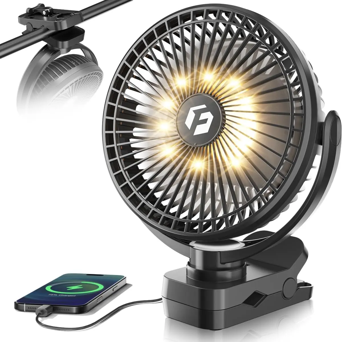 40000mAh Clip  Fan, 2-in-1 Portable Rechargeable Fan - 8 Inch USB  Operated Fans with Light & Screw-Clamp for Golf Cart, Desk, Tent, Travel, Gym, Treadmill, Summer Gifts, Black