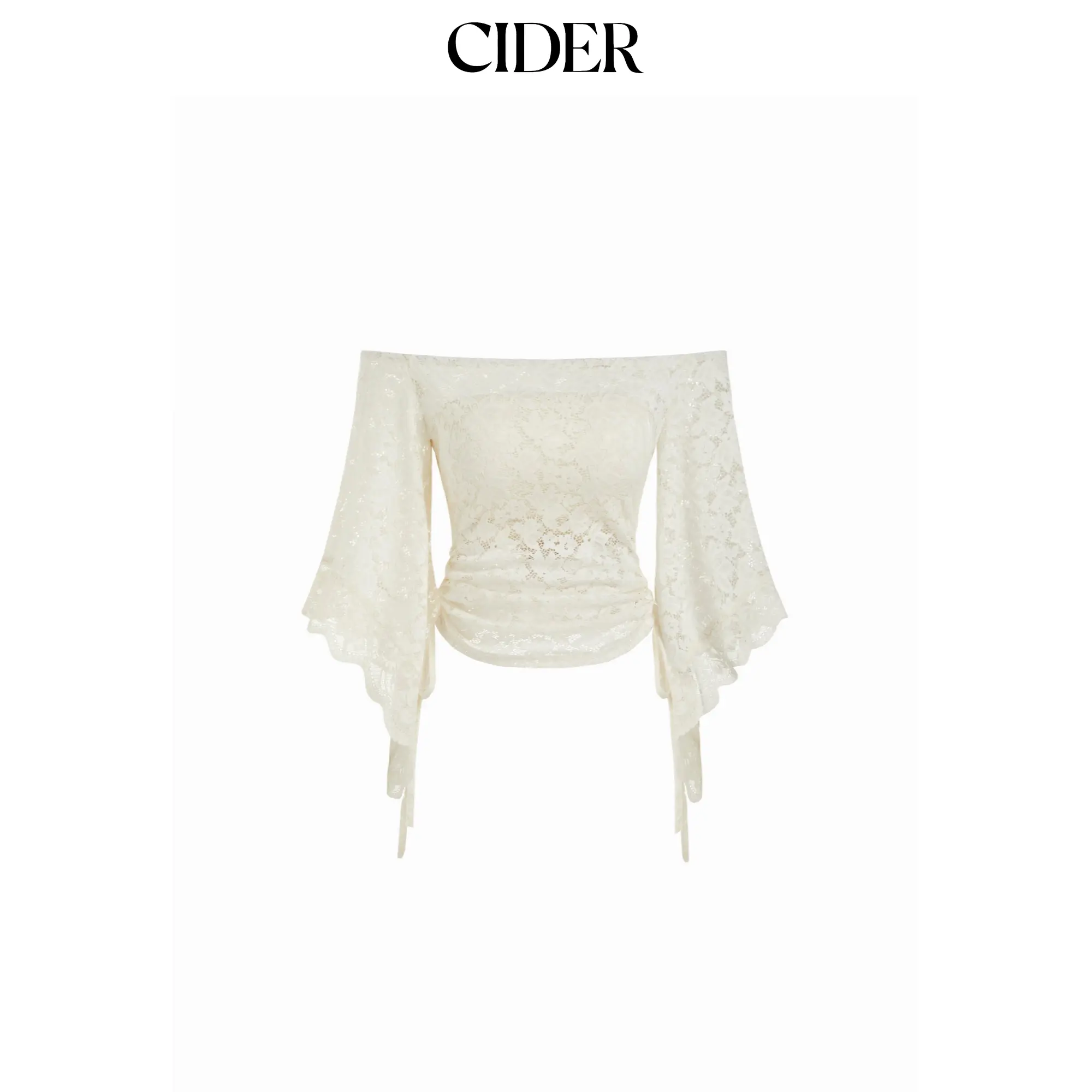 Cider Lace Off-shoulder Bell Sleeve Ruched Ruffled Drawstring Top