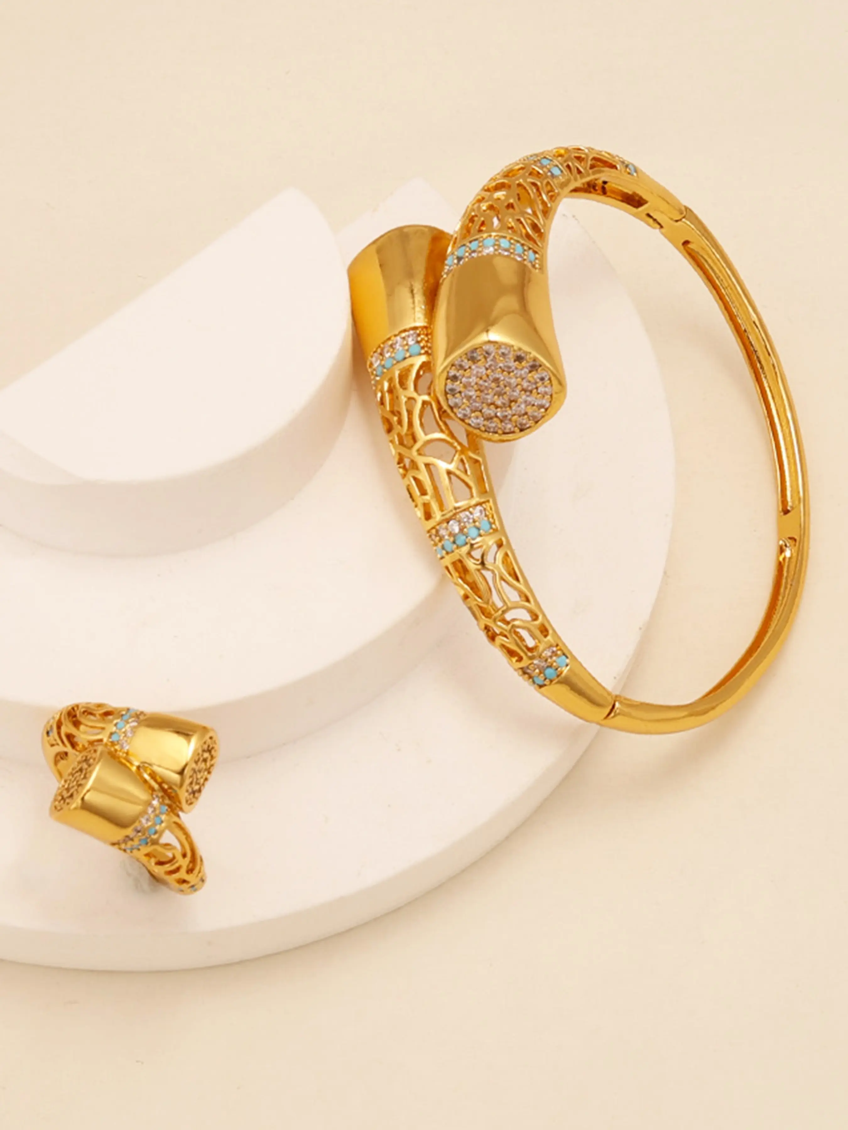 Dubai Women's Bracelet Set with Ring, 21k Gold Plated Arabic Geometric Bracelet, Islamic Lucky Charm, Nigerian Wedding Party Jewelry, Jewelry Sets, Jewellery Gift Set