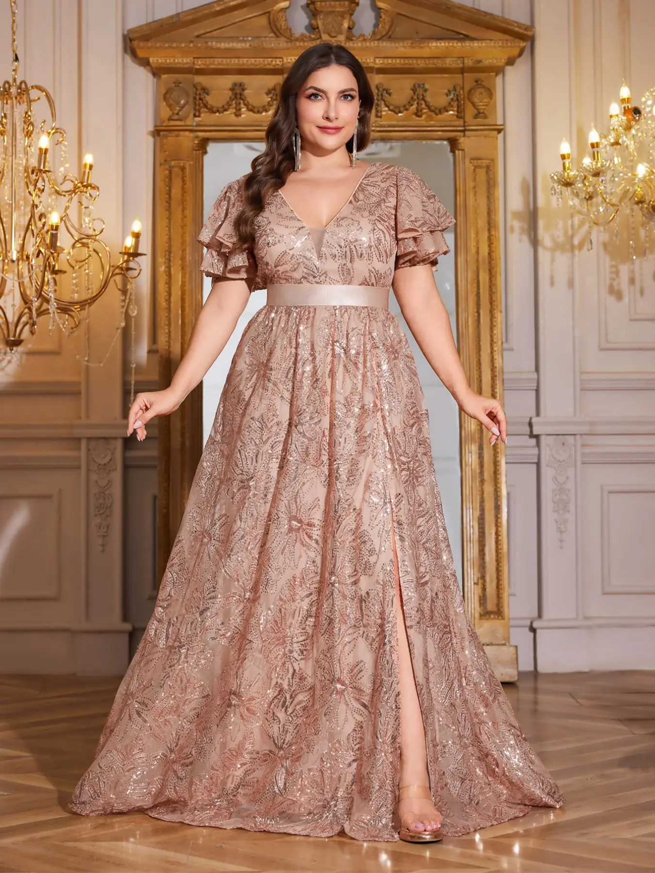 Plus Size Champagne Color Sequin Formal Evening Gown, V Neck Flutter Sleeve High Split Floor-Length Dress, Wedding Guest Cocktail Long Dress