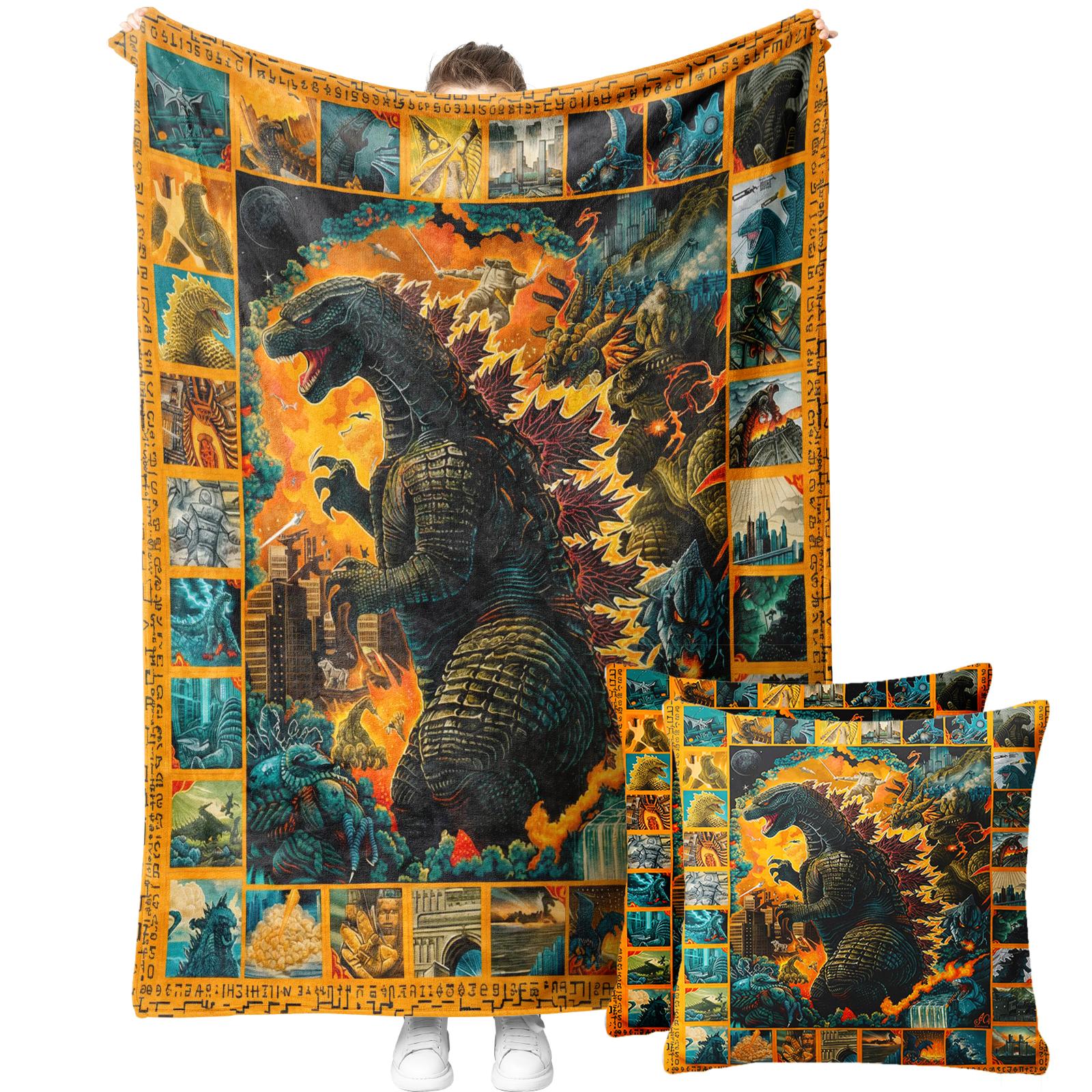 Monster Theme Viral Flannel Blanket and Throw Pillow Cover without Pillow Core Set – Home Decor Set for Monster Movie Fans,Perfect Gift for Kaiju Fans,Trendy Sci-Fi Home Decor Bundle for Bedroom