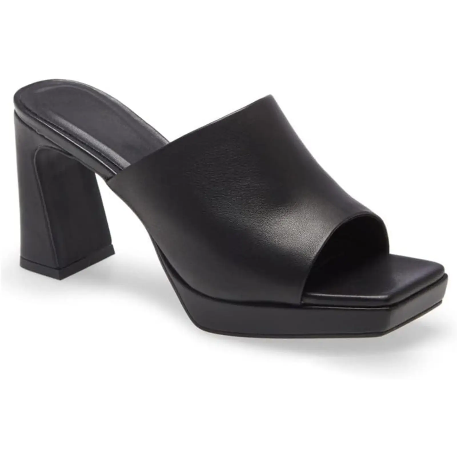 Coutgo Women's Faux Leather Platform Chunky Heel Mules - Square Open Toe, Plain, Chic, Breathable Slip-On Sandals, Dress Shoes, Casual Footwear
