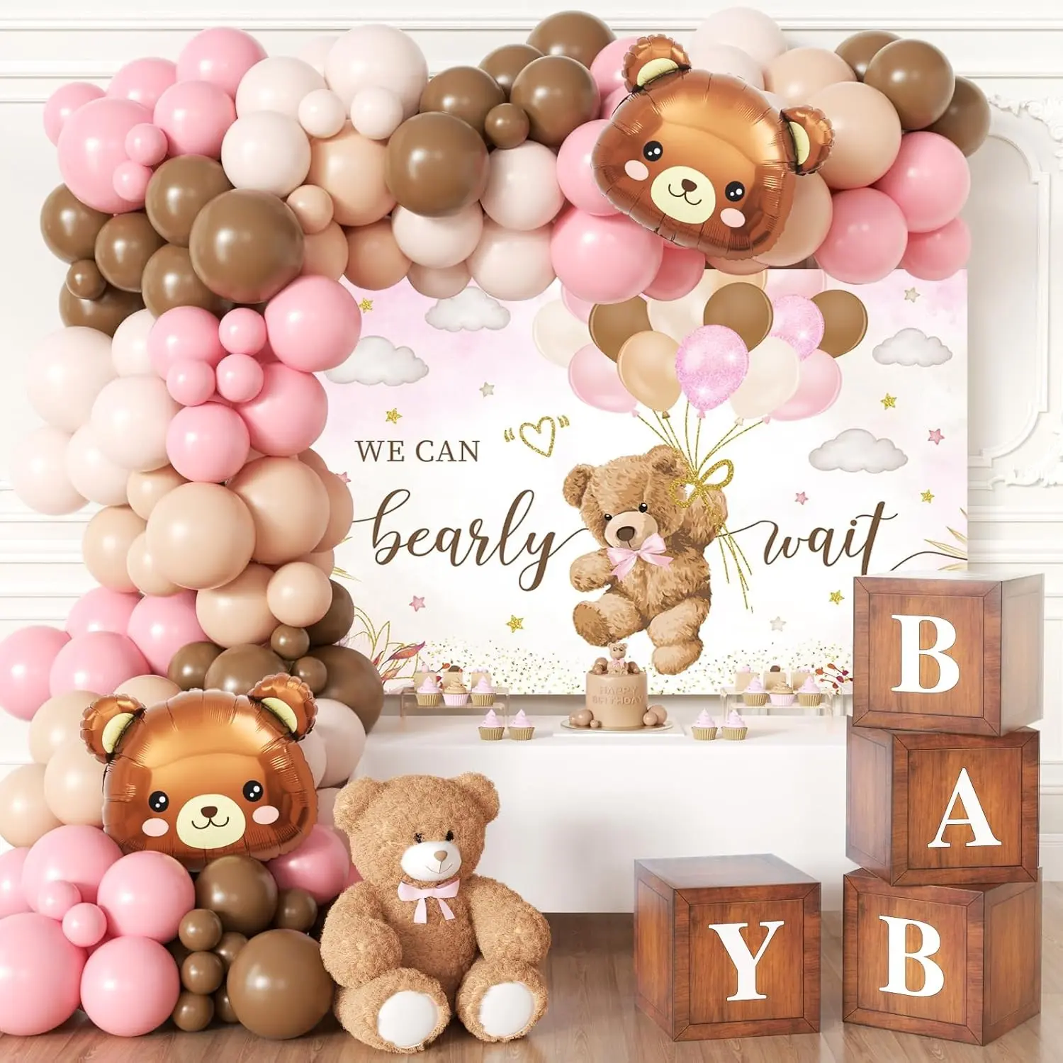 129 Piece Teddy Bear Balloon Set, Cute Cartoon Baby Shower Theme, Aluminum Foil Balls, Animal Balloons, DIY Decoration Kit for Girl's First Birthday, Gender Reveal Party