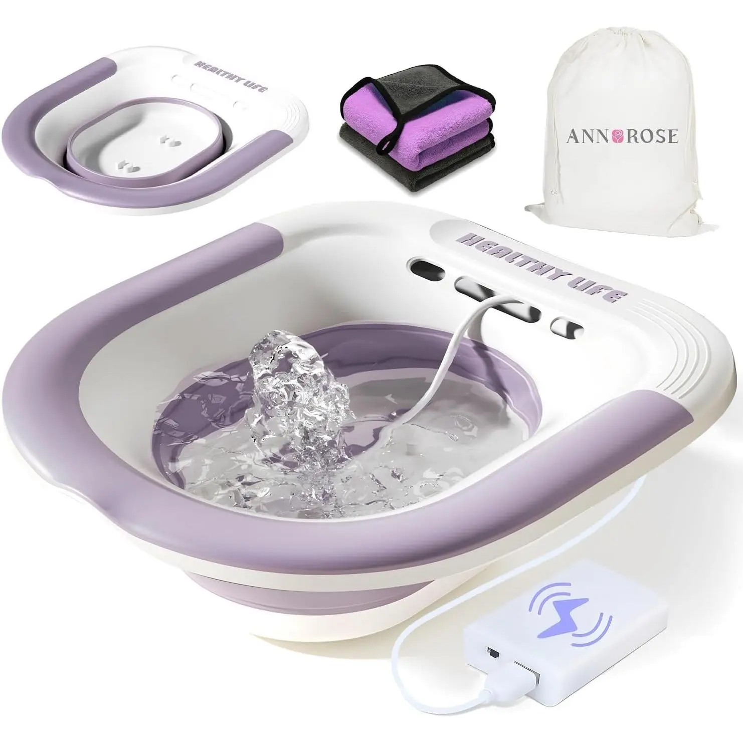 Electric Sitz Bath for Toilet, Portable and Collapsible Sitz Bath Tub for Hemorrhoids & Postpartum Care, Wide Seat for Home Use, Easy Storage，Sitz Bath (Purple)