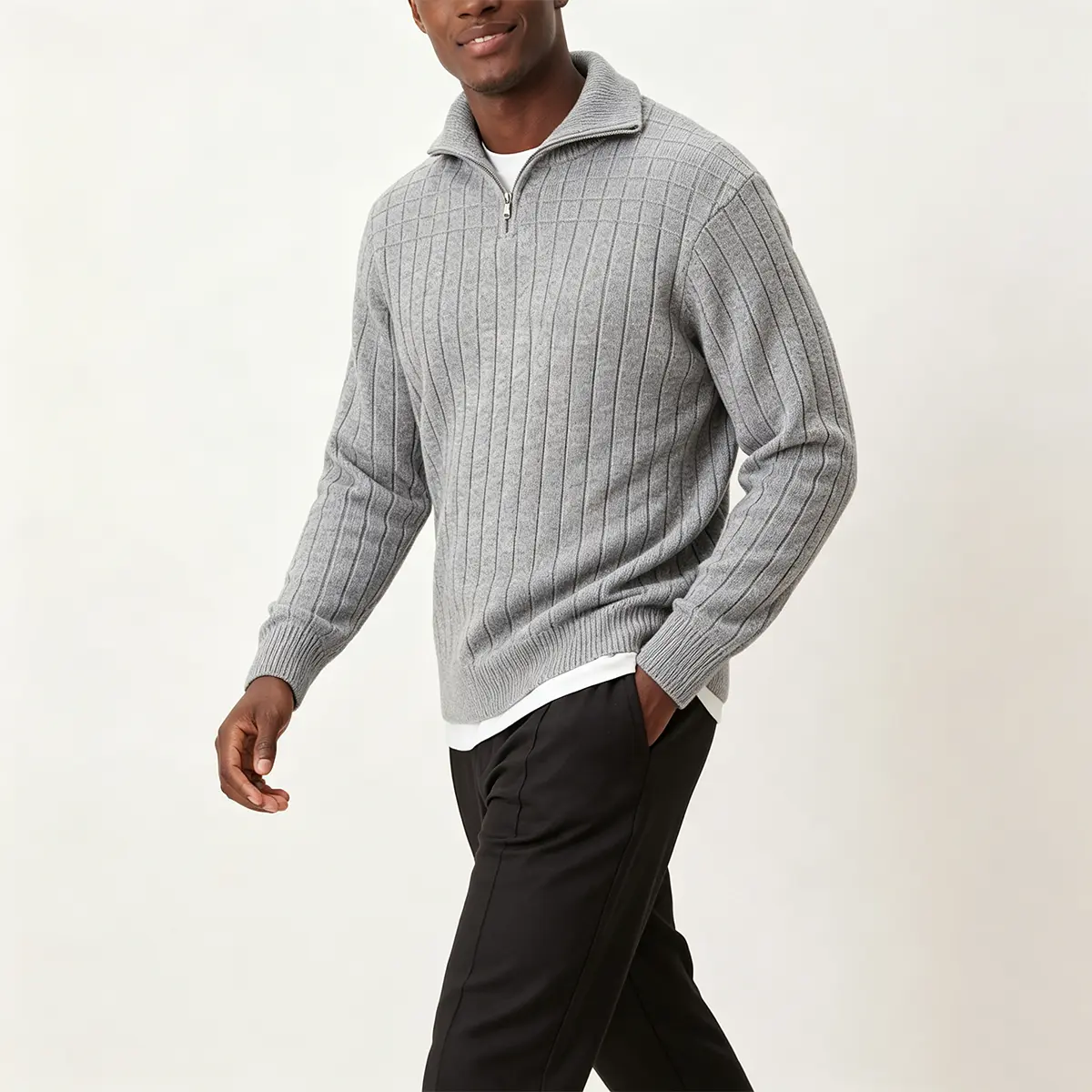 Men's Plain Grid Rib Knit Quarter-Zip Pullover - Fitted Cut, Mock Neck, Medium Length, Longsleeves, Machine Washable, Minimalist Old Money Style Menswear for Spring Autumn Business Casual Wear