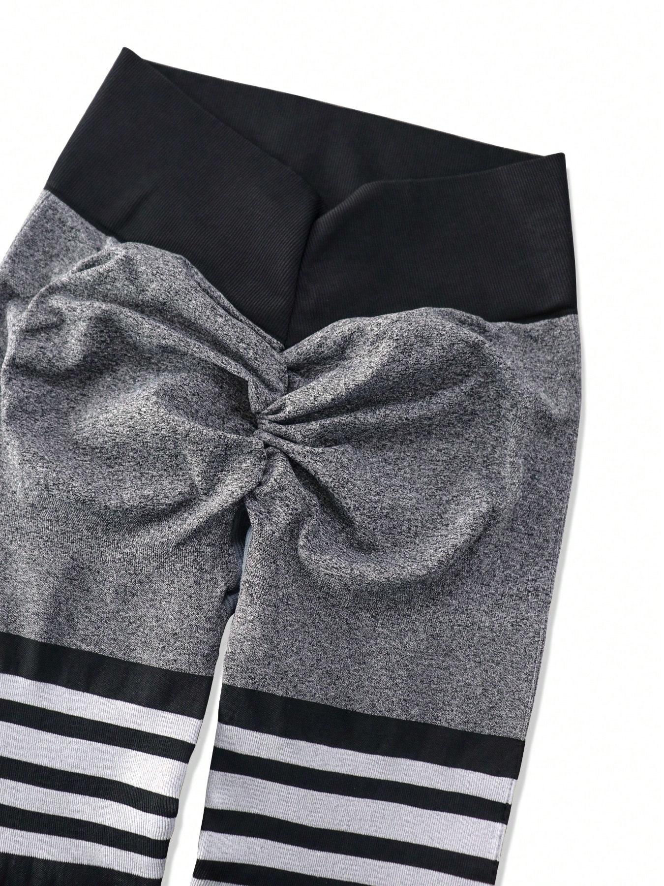 Sports Striped Linen Color High Waist Crinkled Women's Yoga Leggings High Stretch Seamless Tights For Indoor & Outdoor Workout Abdomen Control Shaping Peach Butt Casual Versatile 3 Counts