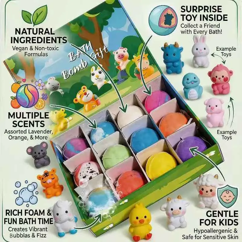 Bath Salt Balls with Hidden Toys, Gentle Foaming, Easy Rinse, Perfect for Birthdays, Christmas, Parties