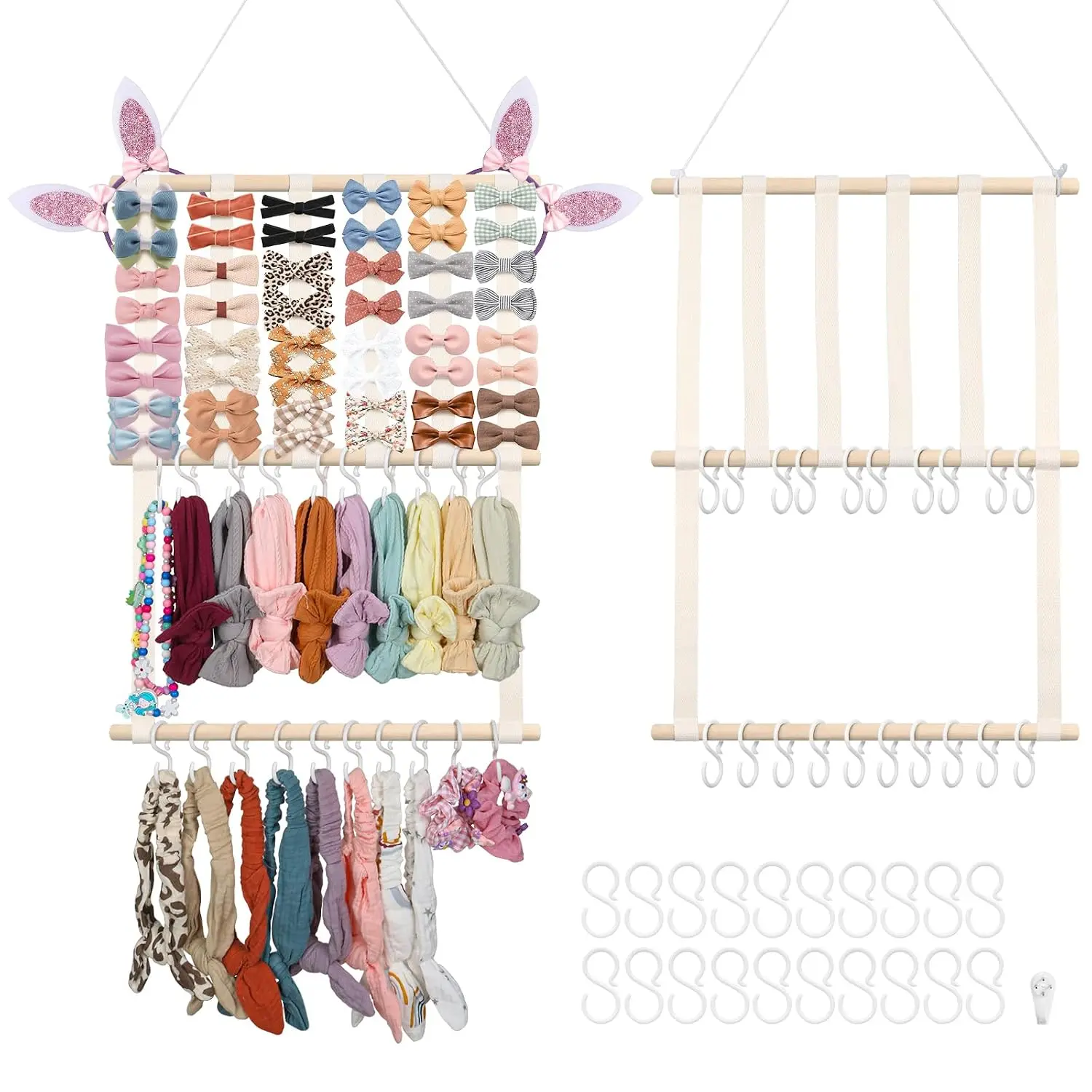 Bow Holder Organizer for Girls Hair Bows, 30x15in Large Headband Holder w/ 8 Ribbons & 20 Plastic Hooks, Wall  Jewerly Clip Hair Accessories Organizer Storage for  (Beige)