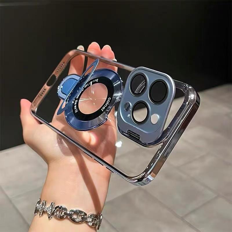 Magnetic bracket compatible with iPhone 16 Pro Max/15/14pro/13 phone case minimalist transparent electroplated lens bracket case HNZY100