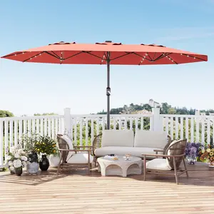 15FT Rectangular Lime Green Solar Patio Umbrella, 48 LED Lights Crank Handle UV Protection Sun Shade with Base for Backyard Pool Deck