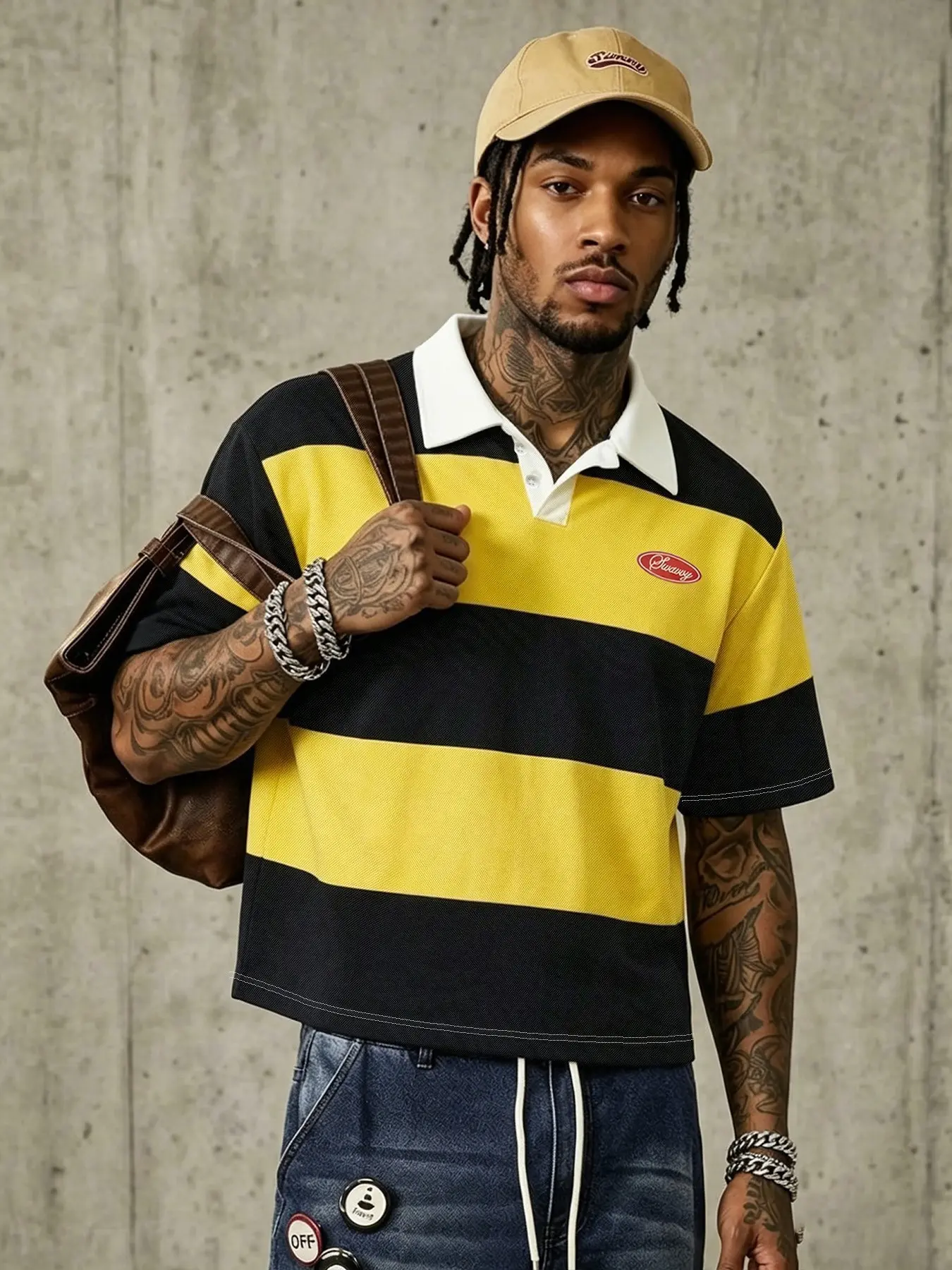 Men's Black & Yellow Striped Rugby Polo Shirt, Short Sleeve Collared Top with Logo Patch, Casual Streetwear Cropped Tee