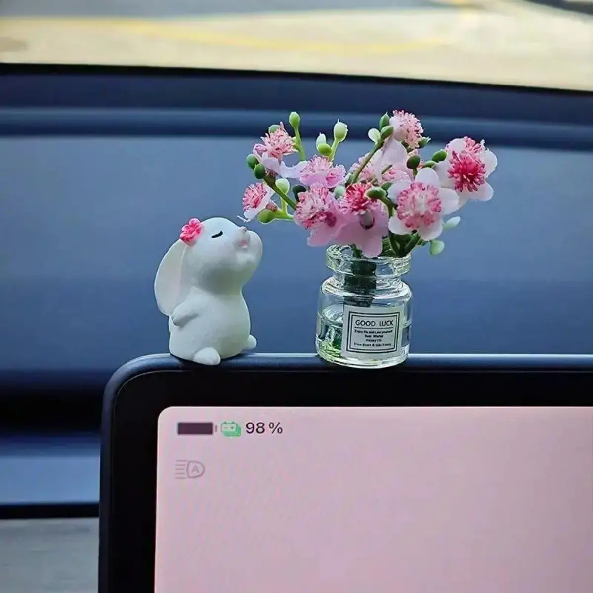 2-Pack Synthetic Bunny Shape Car Accessories Set - Adorable Rabbit & Flower Vase Dashboard Decor with Mini Floral Design, Vehicle Interior Accessory for Gifts & Daily Use