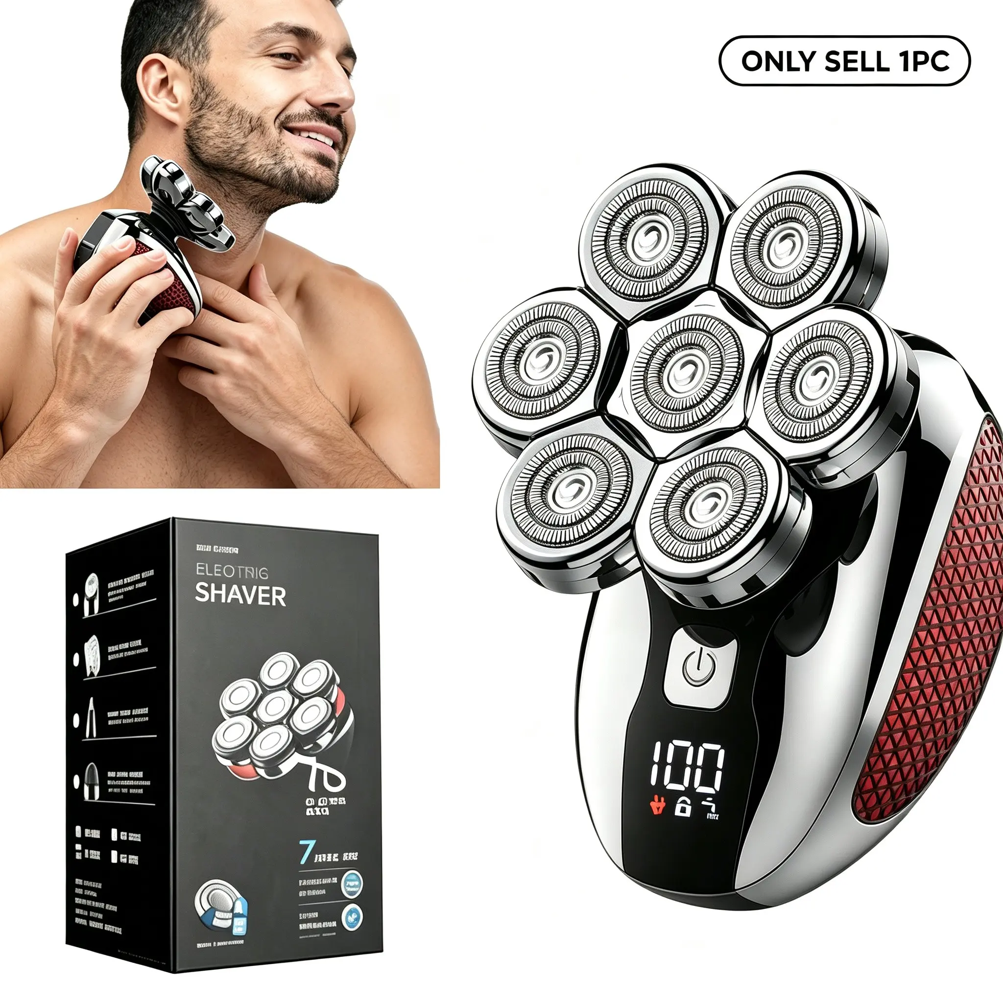 Men’s 5‑in‑1 Rotary Electric Shaver Kit, 7D Floating Head Waterproof Wet Dry Shaver, USB Rechargeable Head Shaver for Bald Men, Ideal Gift for Him
