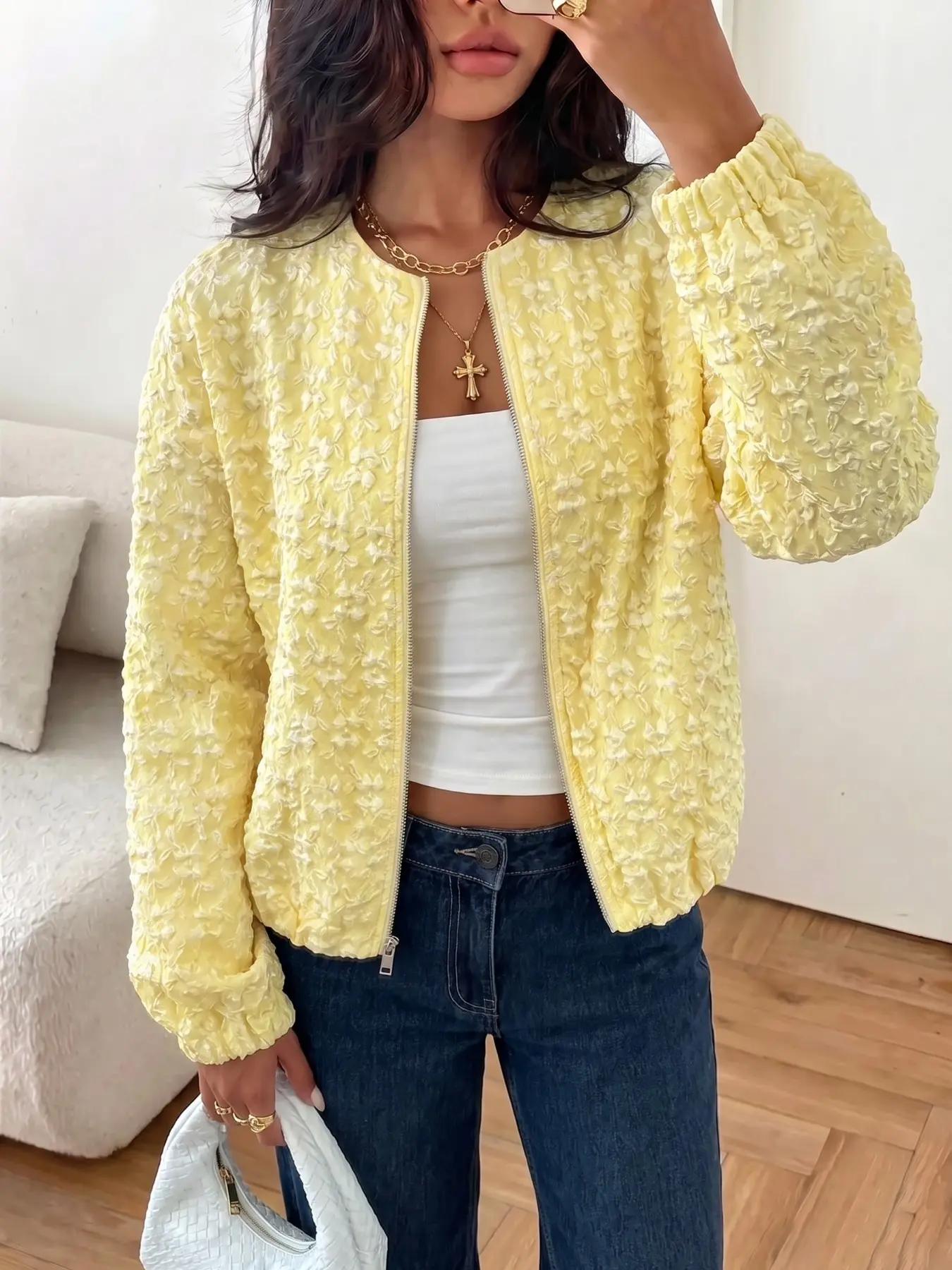 Women Light Yellow 3D Floral Textured Zip Up Bomber Jacket, Round Neck Puff Sleeve Cropped Cardigan, Elegant Casual Daily Spring Outwear For Ladies