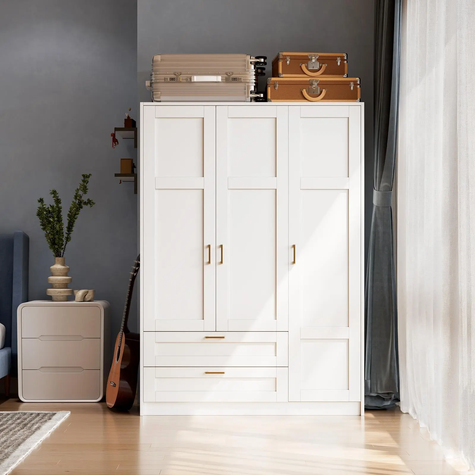Spacious Freestanding Wooden Wardrobe – 3 Doors, 2 Drawers, 3 Shelves & Hanging Rod, Robust Modern MDF Bedroom Closet, Easy to Clean, Soft Closing, Simple Assembly – White