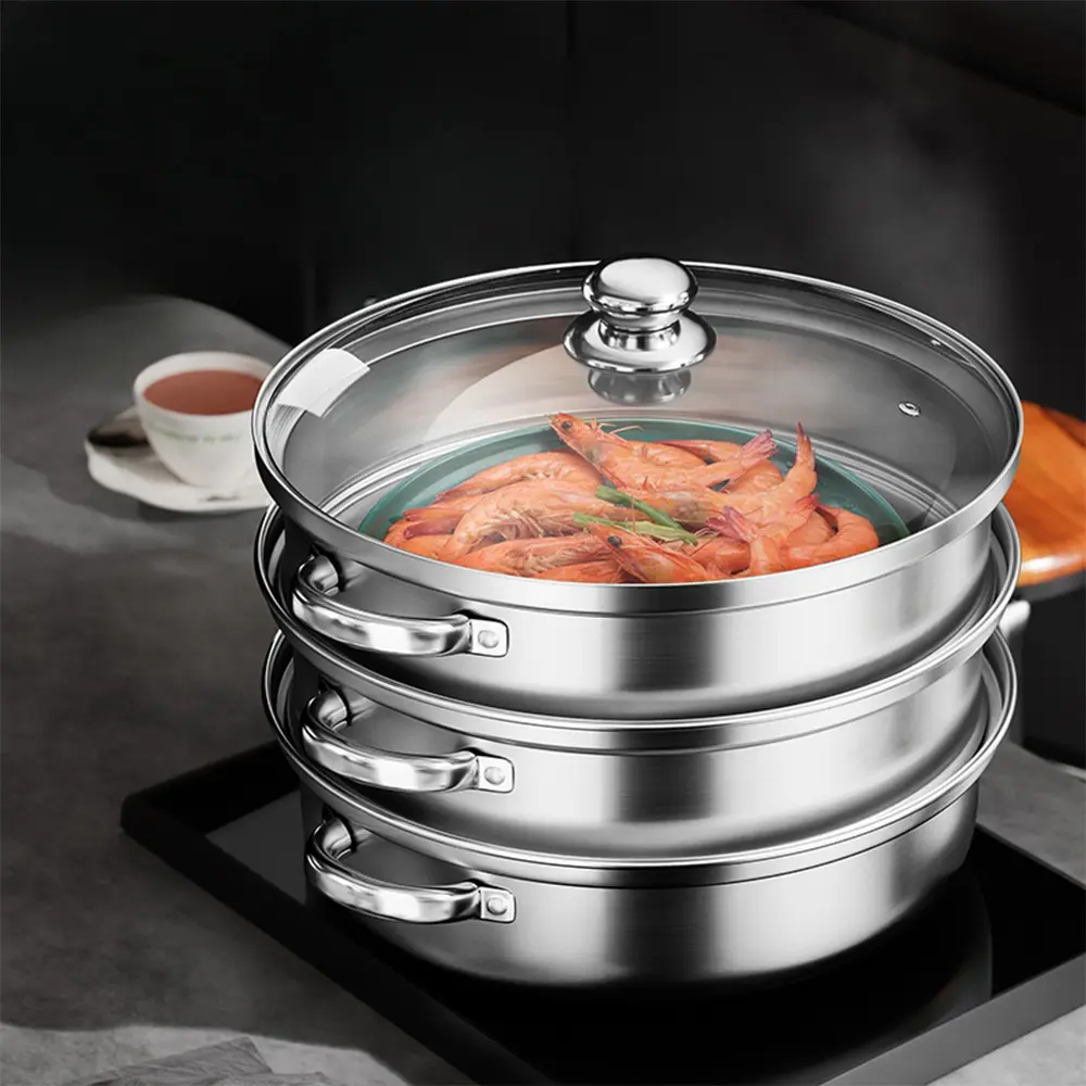 Stainless Steel Steamer Set, Durable Thick Material, Easy to Clean, Long-Lasting Kitchenware, Perfect for Cooking and Baking, Heavy Duty Steamer, Food Steamer for Cooking