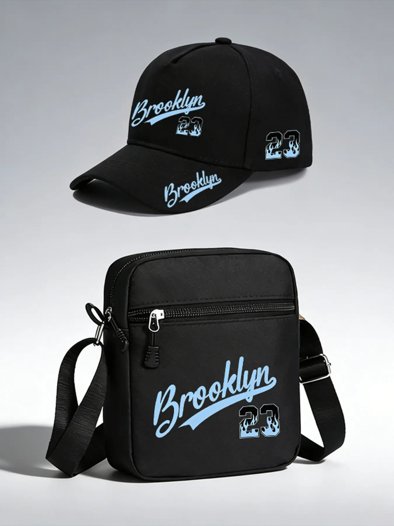 Brooklyn 23 Blue Flame Letter Print Baseball Cap and Crossbody Bag Set, Adjustable Fit Street Fashion Hat and Backpack, Perfect for Daily Wear and Gifts