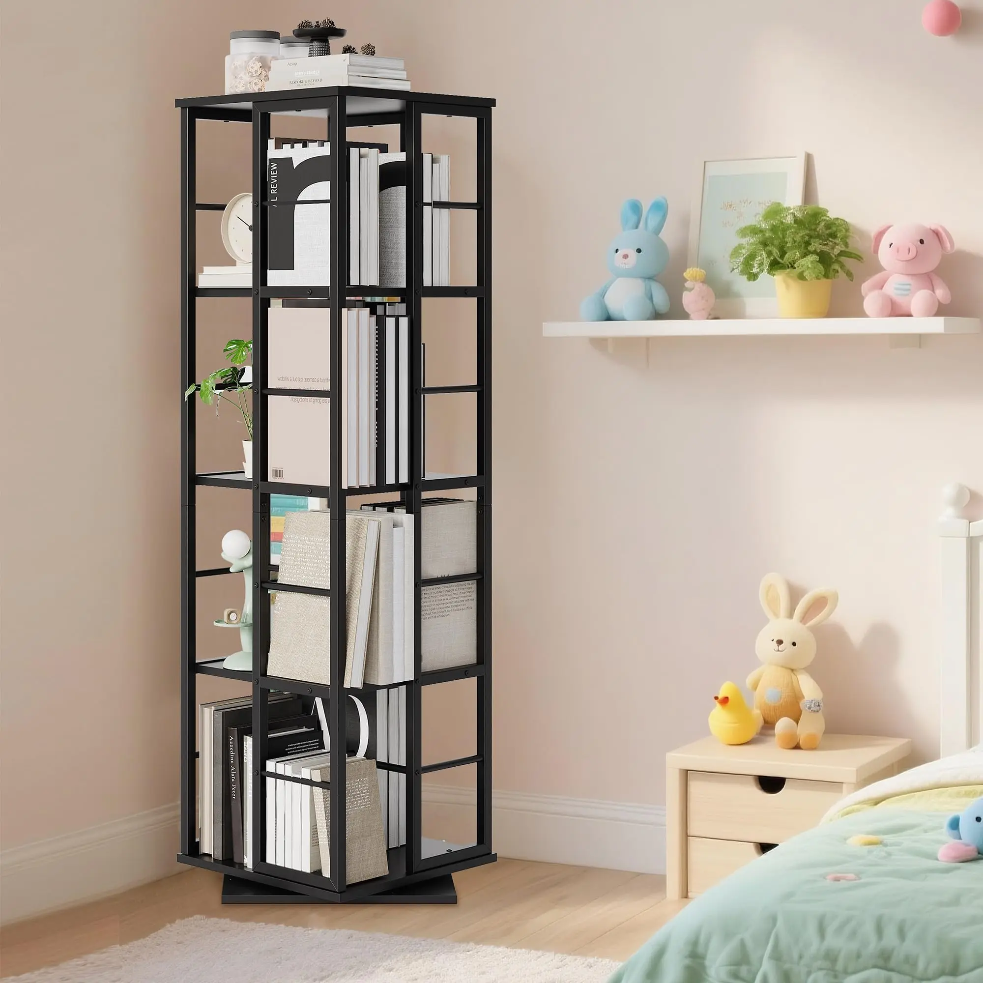 Garvee 4-Tier 360 Rotating Bookshelf Tower, Modern Space-Saving Spinning Corner Bookcase with Stable Base for Living Room, Study, Bedroom, Office, Black