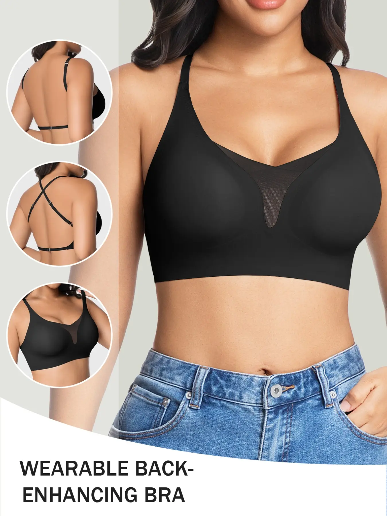 Women's Sexy Backless Bra, Elegant Mesh Cross Design, Wireless Removable Pads, Adjustable Straps, Comfortable Seamless, Daily Wear