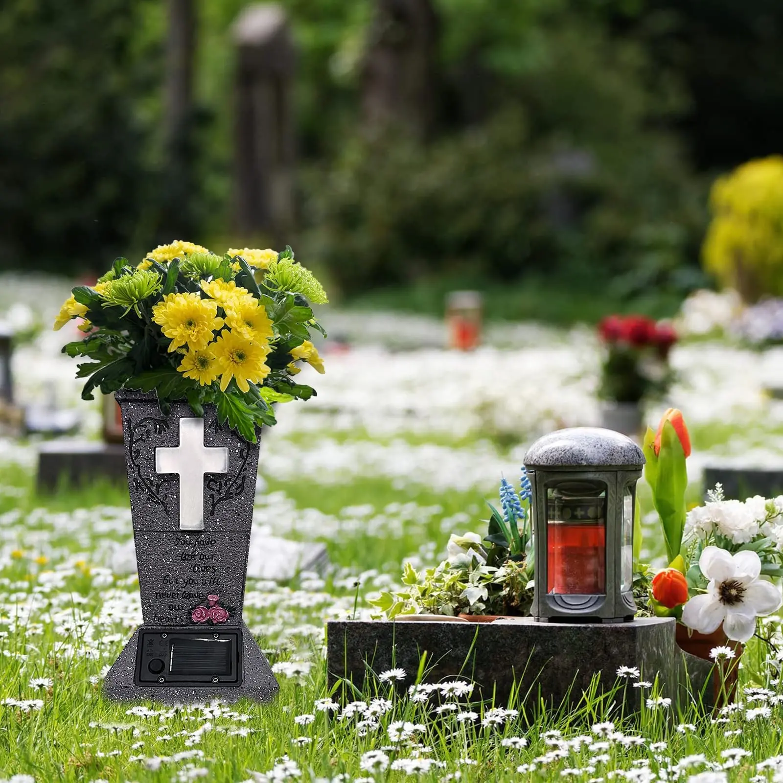 Halloween Outdoor Festival Vase, Solar Cemetery Vase with LED Cross Light, Memorial Flower Stand with Pointed Stake, Mourning Gift