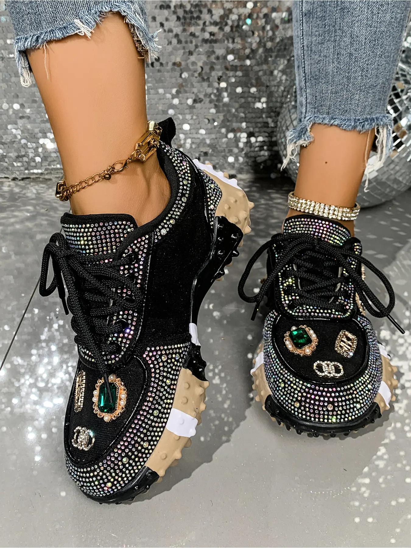 Ladies Black Suede Full Rhinestone Letter Gem Chunky Dad Sneakers 4cm Spiked Lug Sole Black Lace Up Y2K Nightclub Street Glitter Casual Shoes
