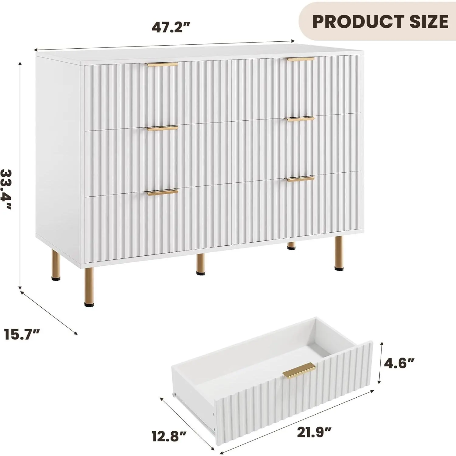 Garvee Modern Fluted 6-Drawer Dresser TV Stand, 54" Wide Wooden Chest of Drawers with Deep Storage, Entertainment Console for Living Room/Bedroom/Hallway/Kids Room - White/Green/Grey