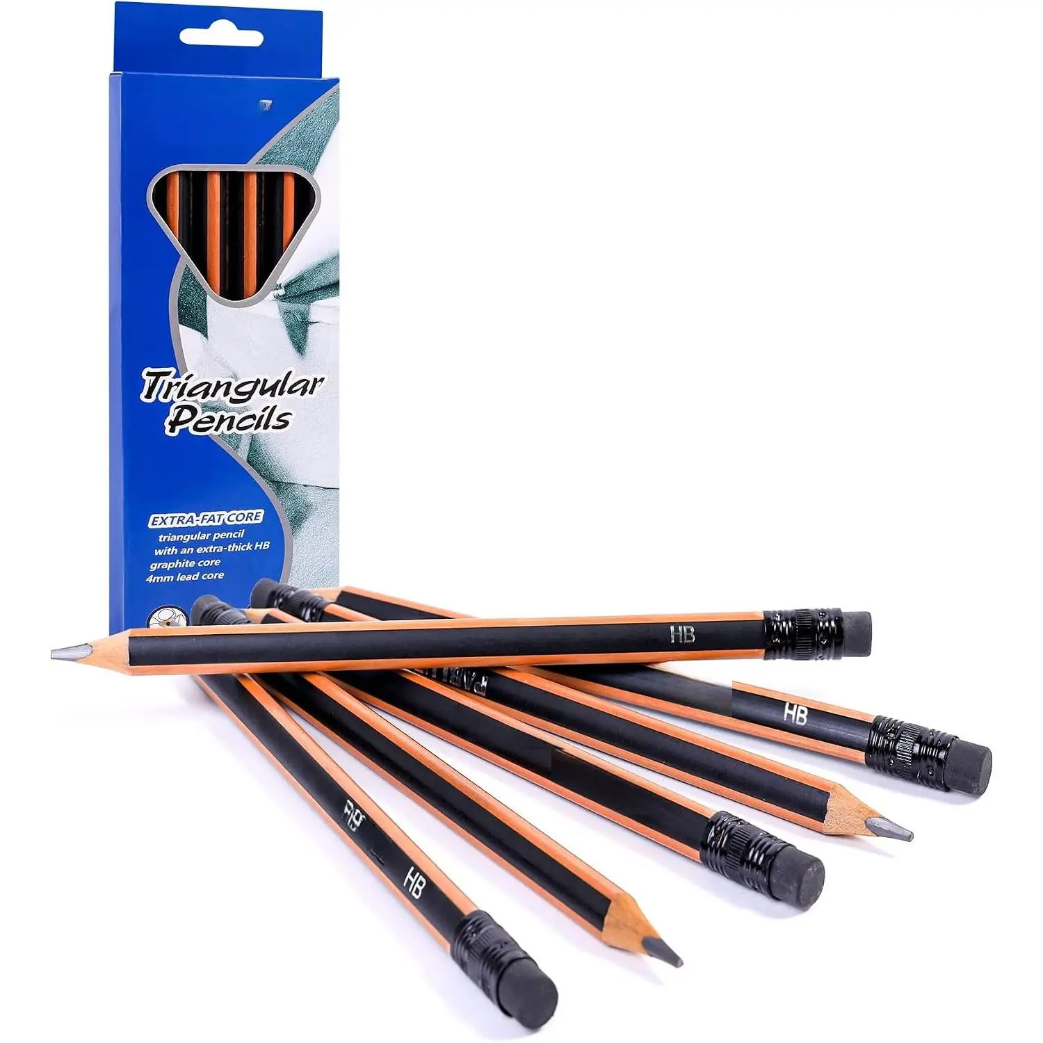 Triangular  Pencils, 2B Pre-Sharpened with Eraser, Black, 6 count | , Thick,   Triangular Design for Beginners for Writing, Drawing, School, Art, Sketching and Shading