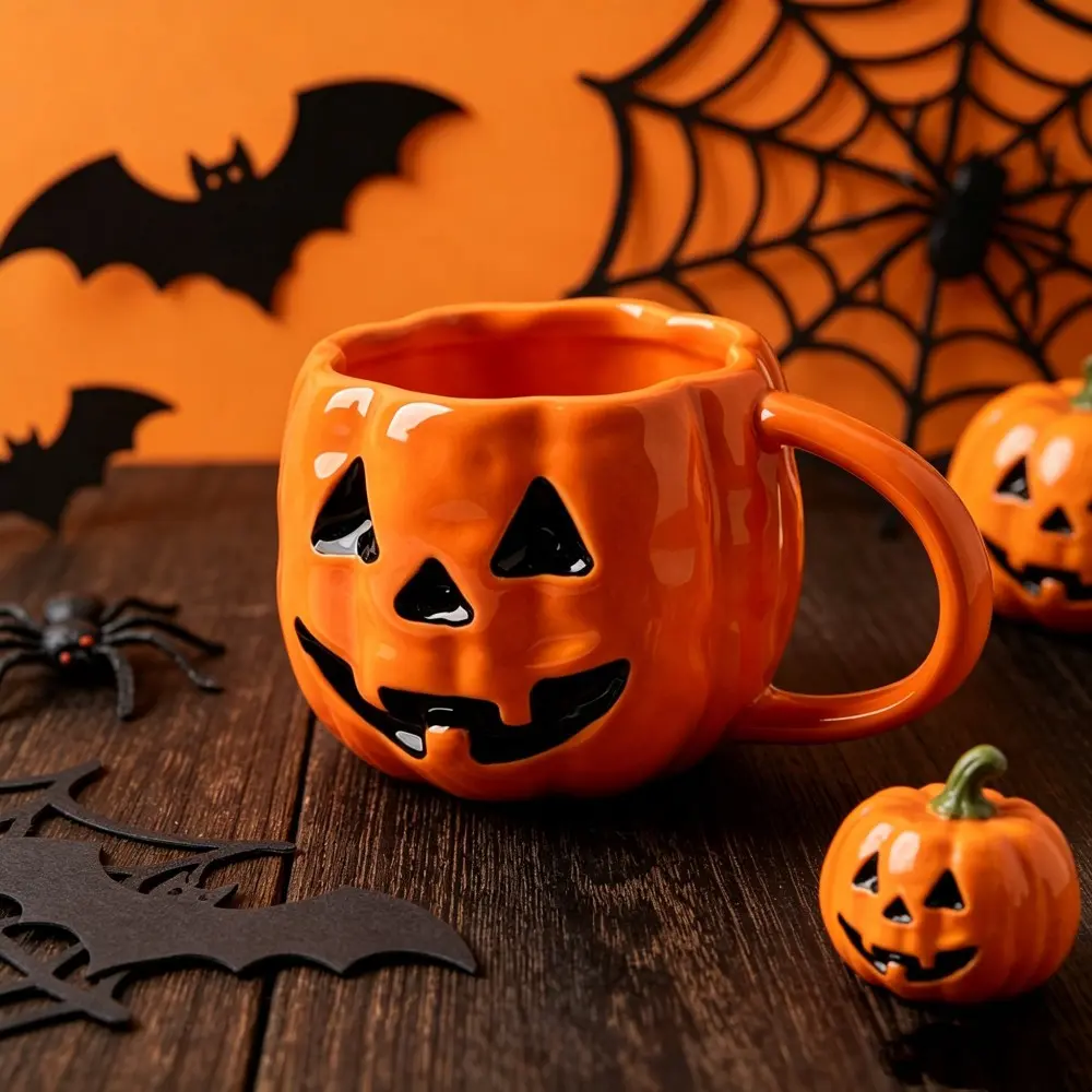 Halloween Crinkle Pumpkin Ceramic Cup, 400ML Creative 3D Pumpkin Face Mug, Perfect for Milk, Coffee, Juice, Tea, Halloween Gifts, Ceramic Mugs