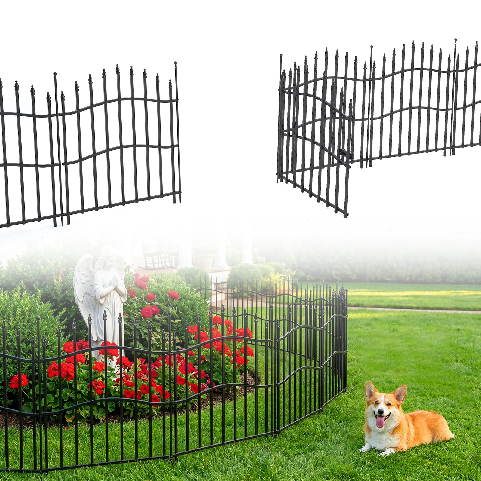 32" Tall No Dig Metal Garden Fence 10 Pack with Gate - 22ft Rustproof Animal Barrier for Yard, Patio & Pets - Easy Setup & Heavy Duty