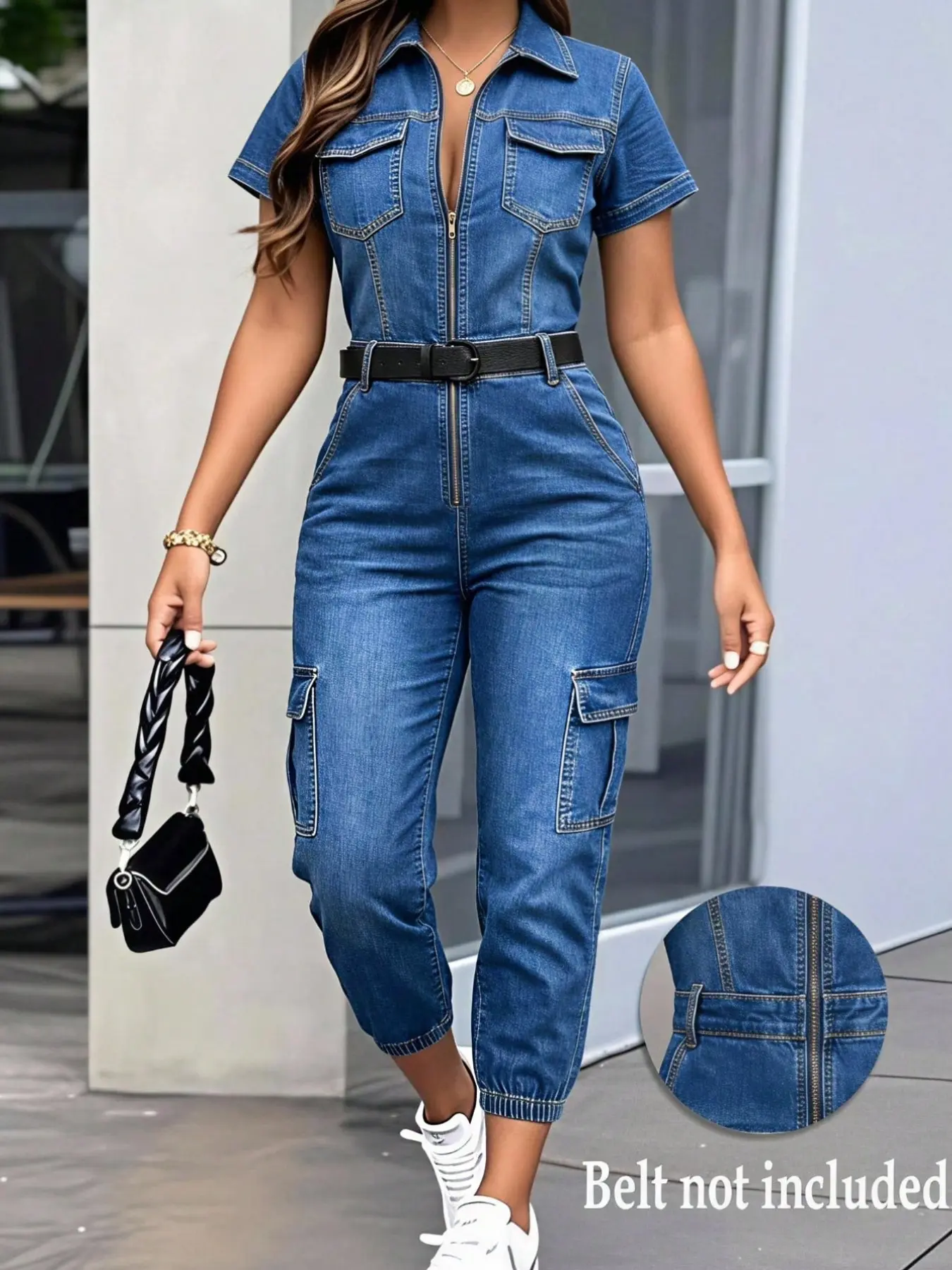 High-Waisted Waist-Cinch Workwear Denim Jumpsuit Overall, Short Sleeve Collared Pocket Cuffed Seven-Quarter Denim Jeans, Perfect for Daily Commute