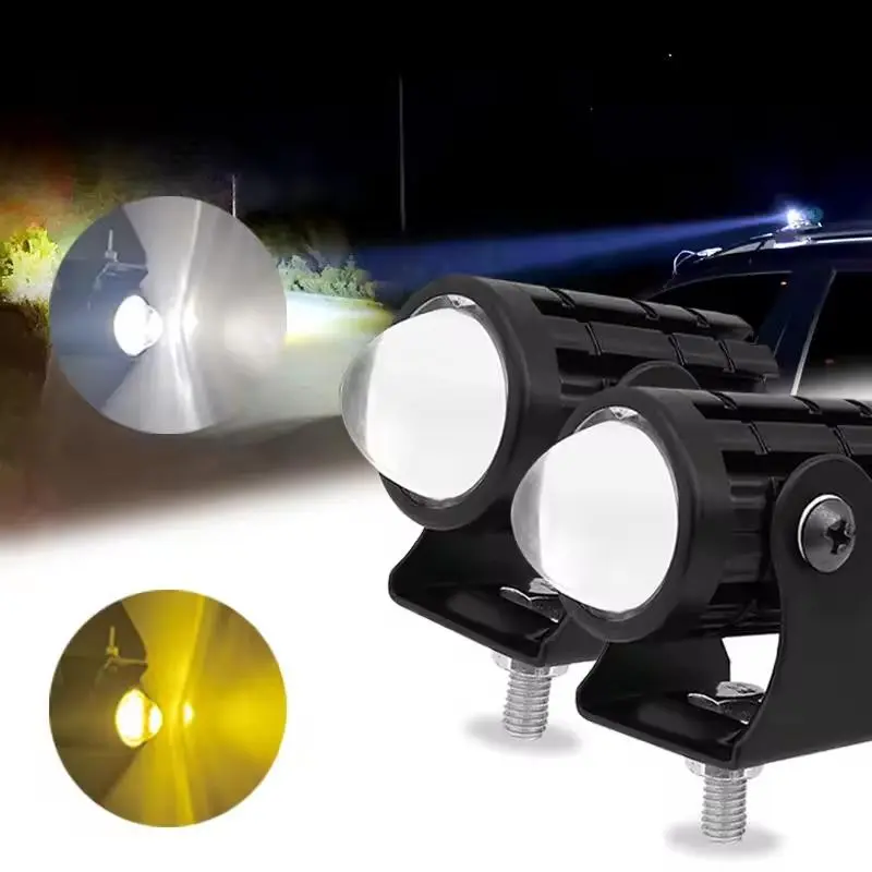 2pcs Motorcycle LED Headlights, Mini Dual-Color LED Projector Lens, Lightweight Fog Light, Ultra-Bright Bike Lights