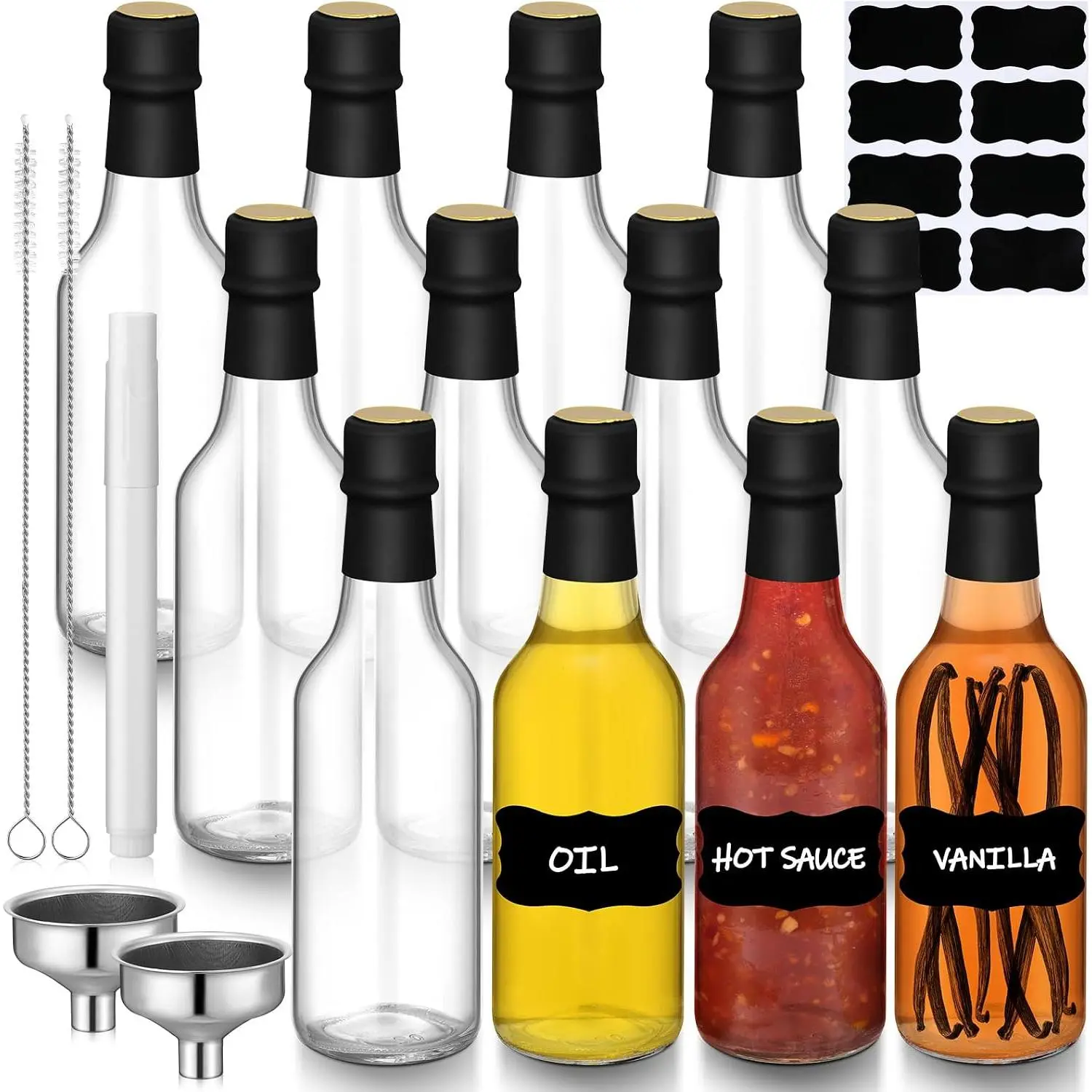 12 Pack 8.5 oz Hot Sauce Bottle Clear Glass with Black Cap and Orifice Reducer Empty Homemade Vanilla Bottles with Shrink Capsules Bands, Funnel, Labels, Clean Brush and Chalk Marker Set