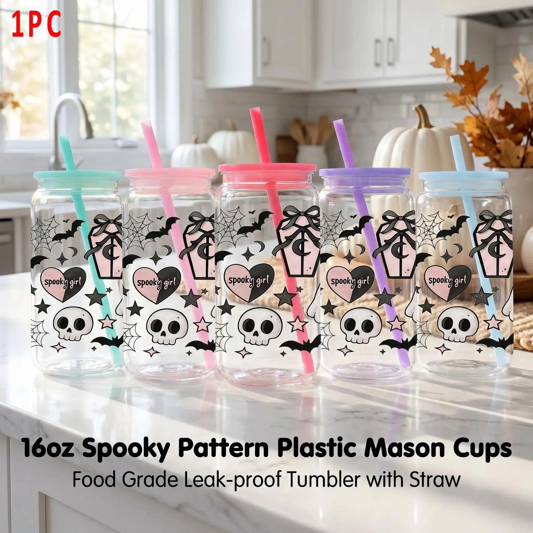 1pc/16oz/500ml/Plastic Mason Cup With Lids And Straw,Iced Coffee Cup,Mason Jar,Halloween Themed Ghost Skull Bat Spider Web Rose Print,Holiday Gift Idea,Perfect For Birthday Parties And Holiday Celebrations,Ideal Gift For Family And Friends