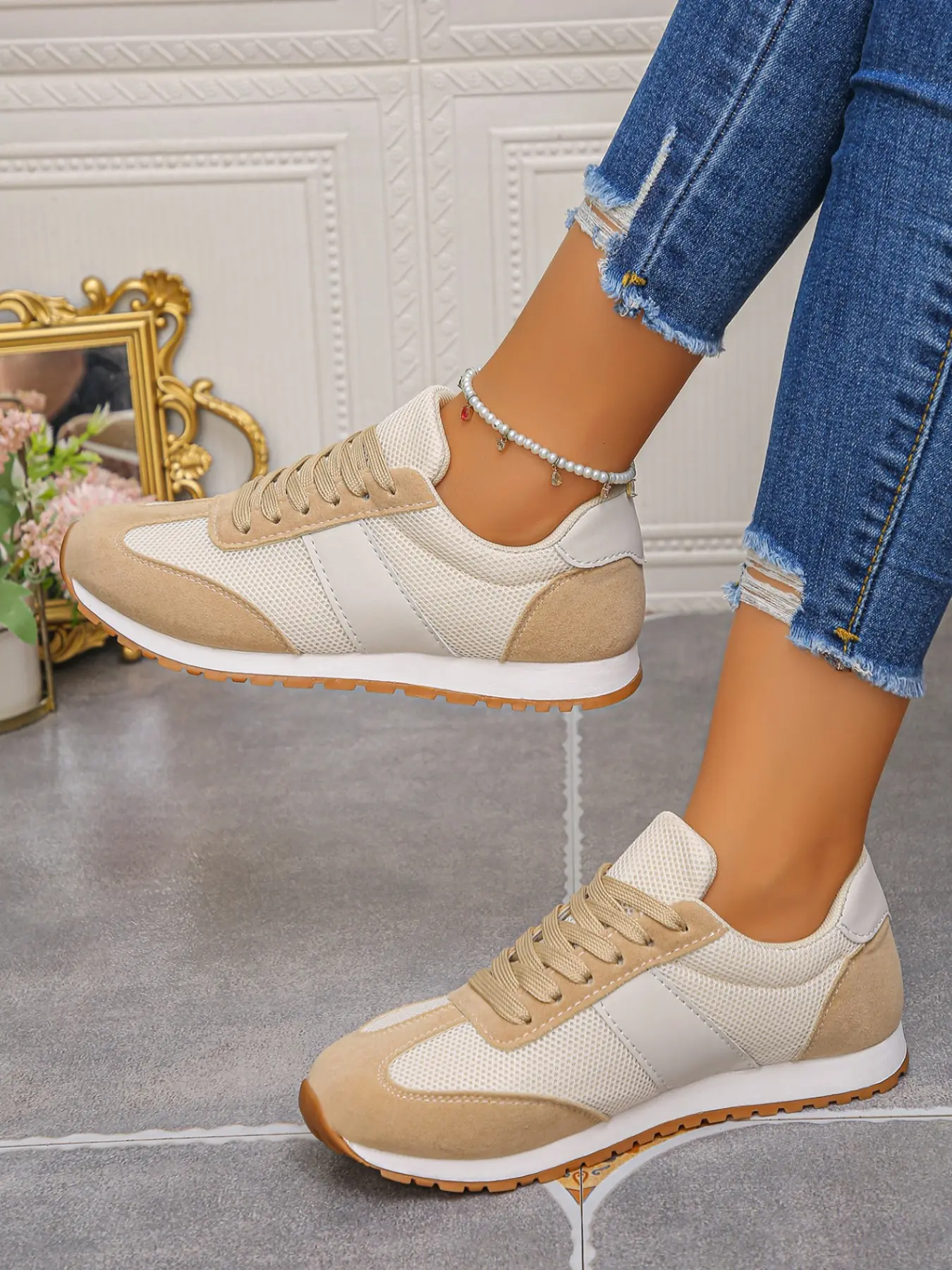 Women's Retro Color Block Suede Mesh Sneakers, Lace Up Gum Sole Casual Walking Shoes, Stitching Vintage Athletic Trainers