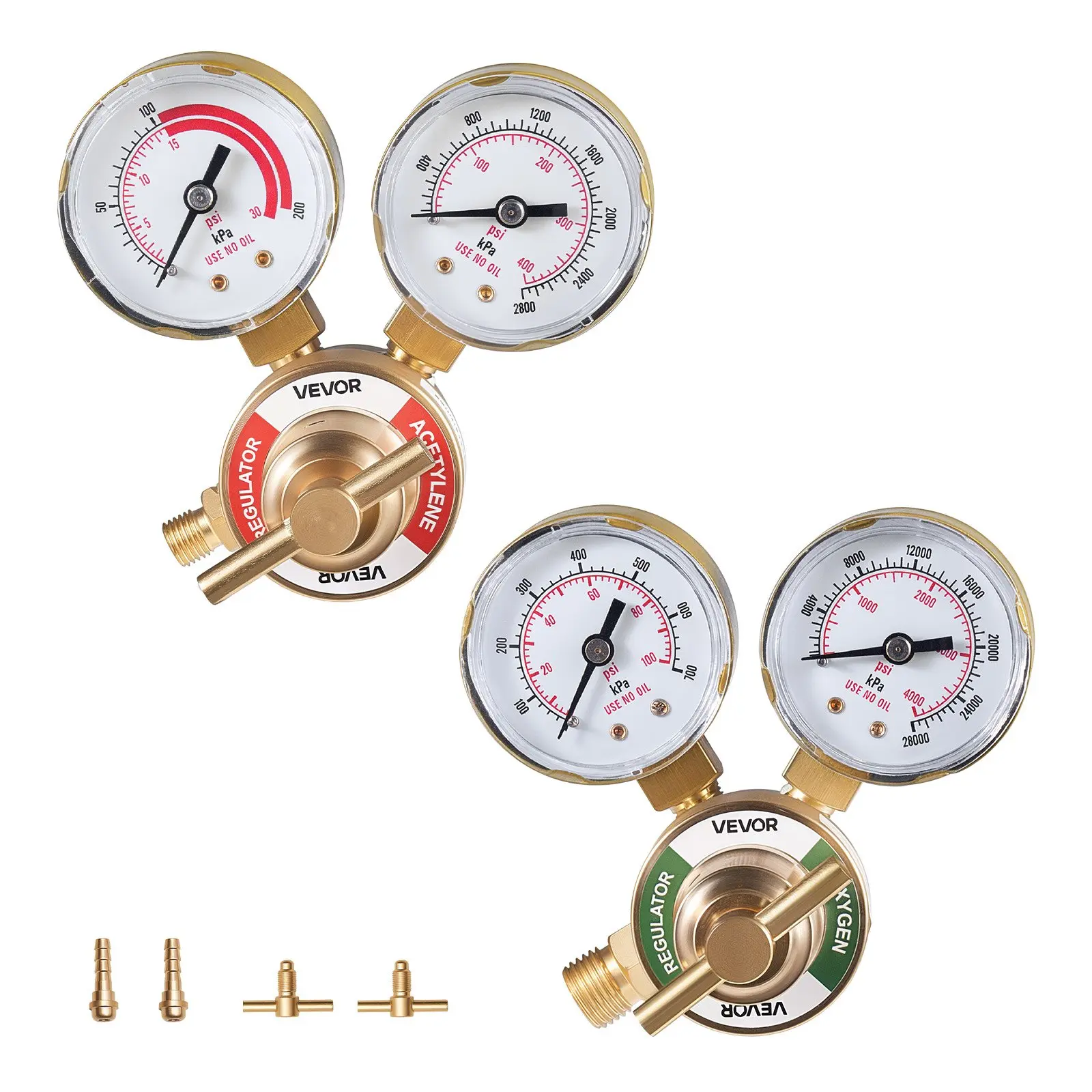 VEVOR Dual Gauge Oxygen Acetylene Regulator Set, 0-4000PSI & 0-400PSI Welding Gas Gauges, CGA-540/CGA-200 Inlet, 9/16"-18 Threaded Inches Outlet, T-Handle Adjustment