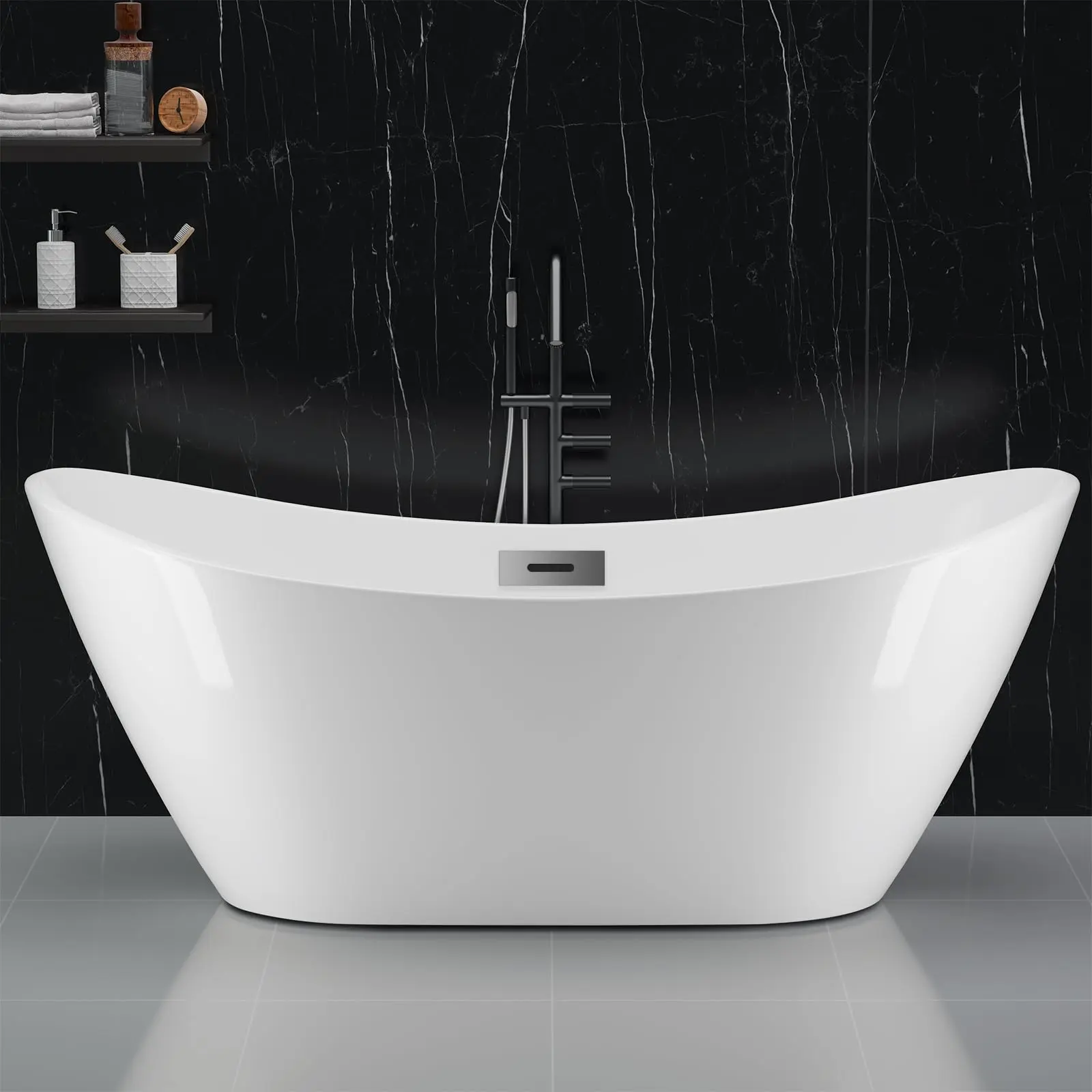 Deep Soaking Freestanding Acrylic Bathtub – Modern cUPC Certified Stand Alone Tub with Non-Slip Base – Chrome-Plated Drain & Overflow – White and Black Finish – Contemporary Bathroom Remodel