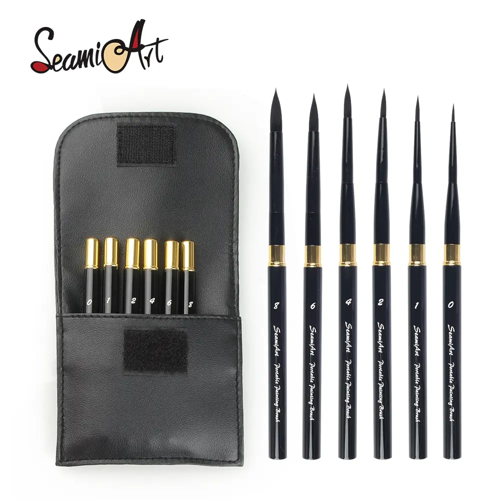 SeamiArt Detail Paint Brush Set 6Pcs - Fine Point Parasitic Brushes Size 0 1 2 4 6 8 with Leather Pouch, Professional Watercolor Detail Brushes, Back to School, Class Reward Gift Idea, Art Supplies