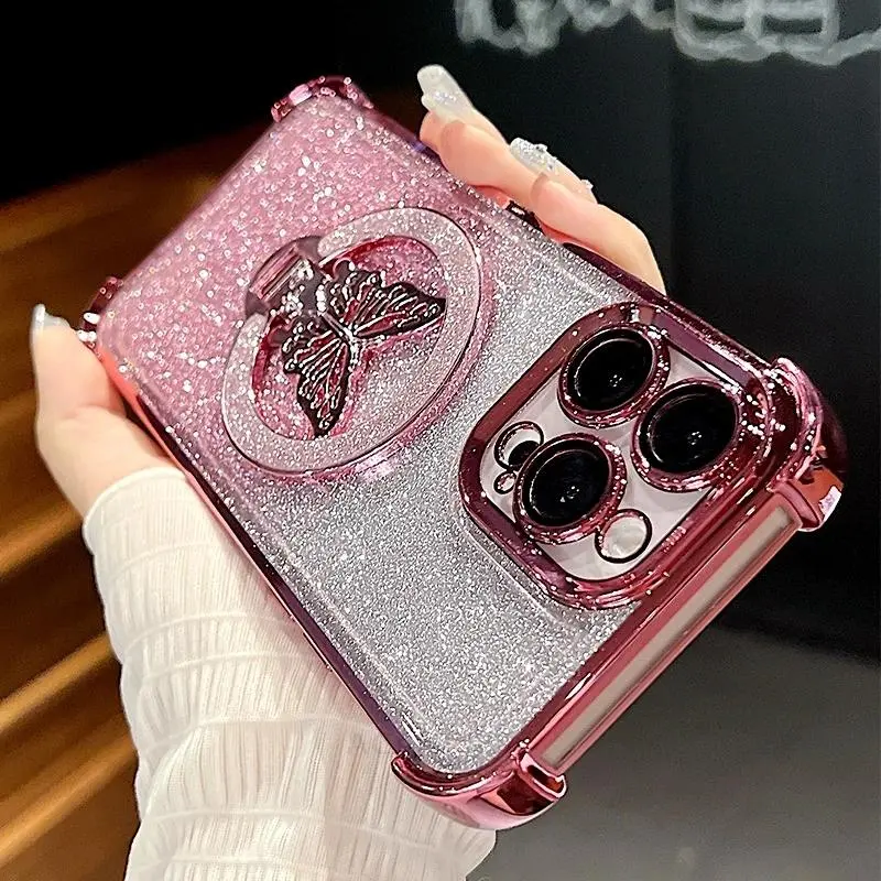Glitter Butterfly Holder Plating Silicone Luxury Cellphone Case - Shockproof, Folding Protection Accessory for iPhone 11,12,13 Mini,X,Xs,14,15 Pro Max Plus,16,16e,16 Pro