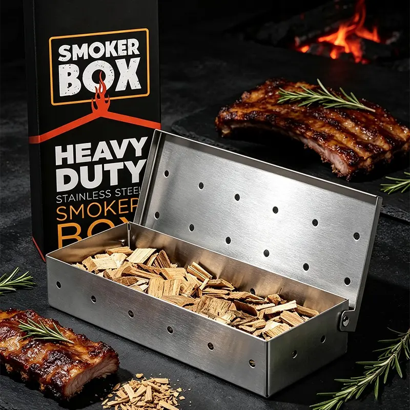 Square Smoker Box Stainless Steel Outdoor BBQ Grill Cooking BBQ Camping, Wood Smoke Meat Heating Box, Portable Grilling Accessory for Barbecue Enthusiasts