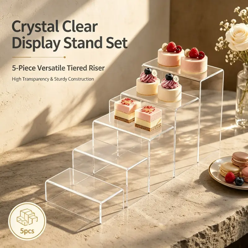 Clear Acrylic 5 Tier Riser Display Stand Set Crystal Transparent Step Shelf Sturdy Construction Candy Display For Bakery Dessert Jewelry Cosmetic Collectible Organizer