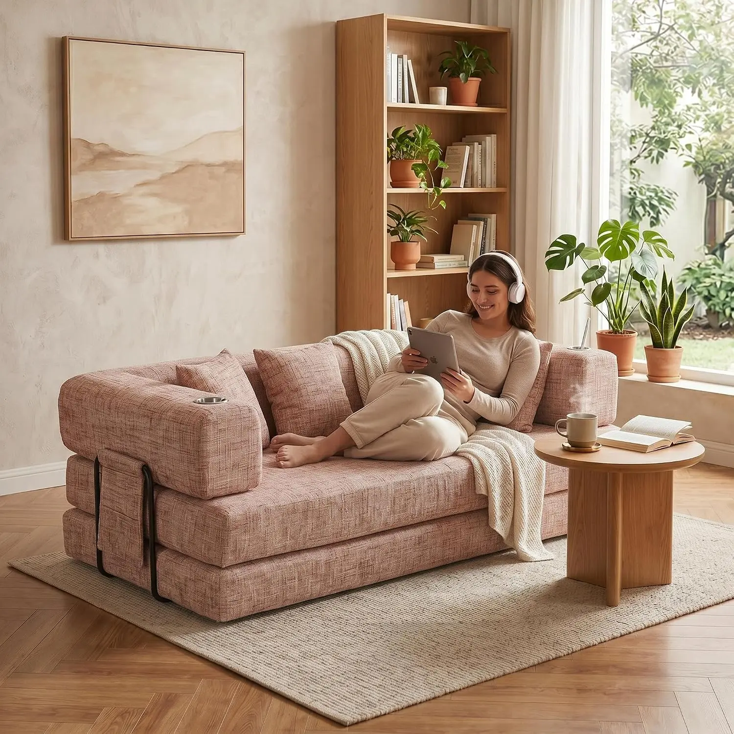 Gaomon Armless 79-Inch Corduroy Floor Base Sofa, Deep Seat Couch with 4 Pillows & 2 Cup Holders, Ideal for Living Rooms & Small Spaces, Pink