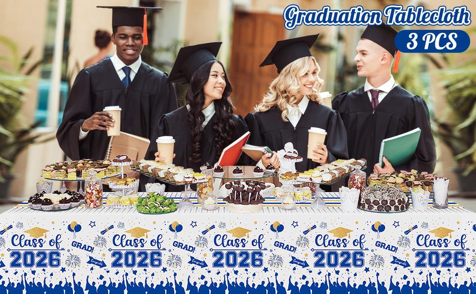 Graduation Decorations Class of 2026 Tablecloth - 3 Pcs Plastic Congrats Grad Table Cloth, Graduation Table Cover for Graduations Party Decorations 2026 and Party Supplies, 54"x108" (Blue and Gold)