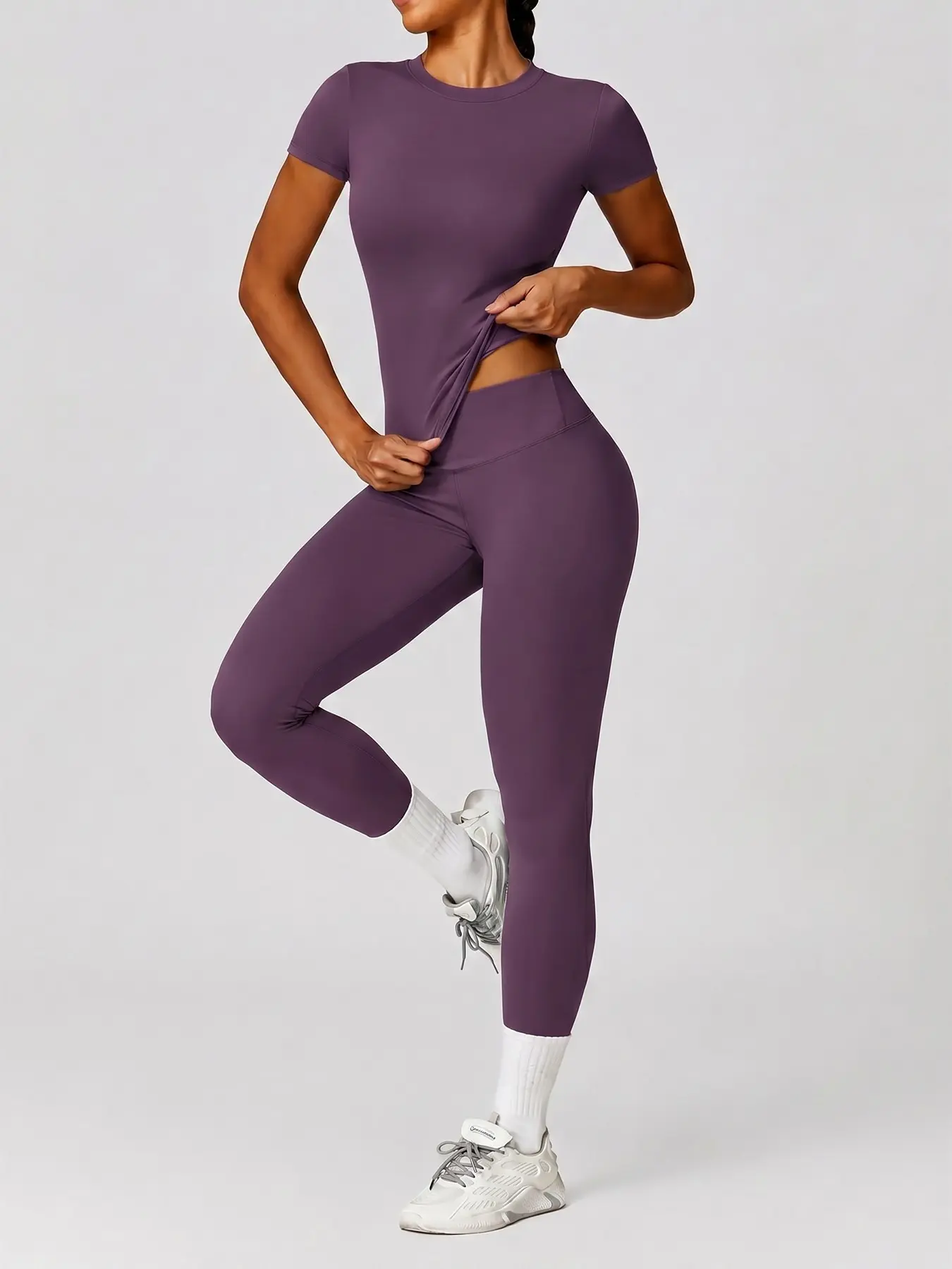 Women's 2-Piece Set Solid Round Neck T-Shirt & High Waist Tight Pants, Breathable Quick-Dry, Ideal for Yoga, Fitness, Running, All Seasons, Matching Gym Set