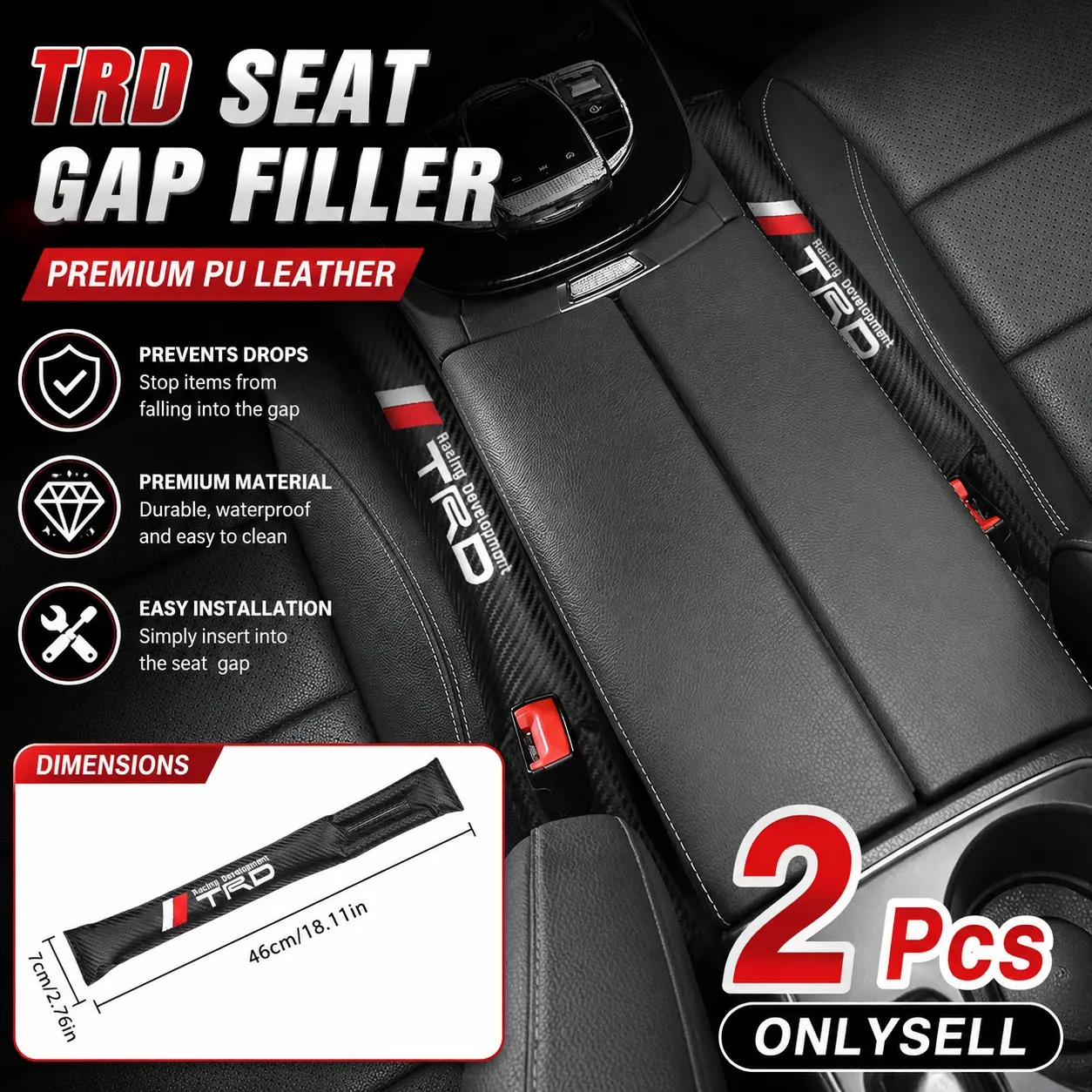 2PCS TRD Car Seat Gap Filler, Carbon Fiber Leather Seat Crevice Organizer & Drop Stop, Universal Auto Seat Gap Blocker, Auto Interior Organizers for Toyota Tacoma 4Runner Tundra Camry RAV4 86 Sequoia TRD