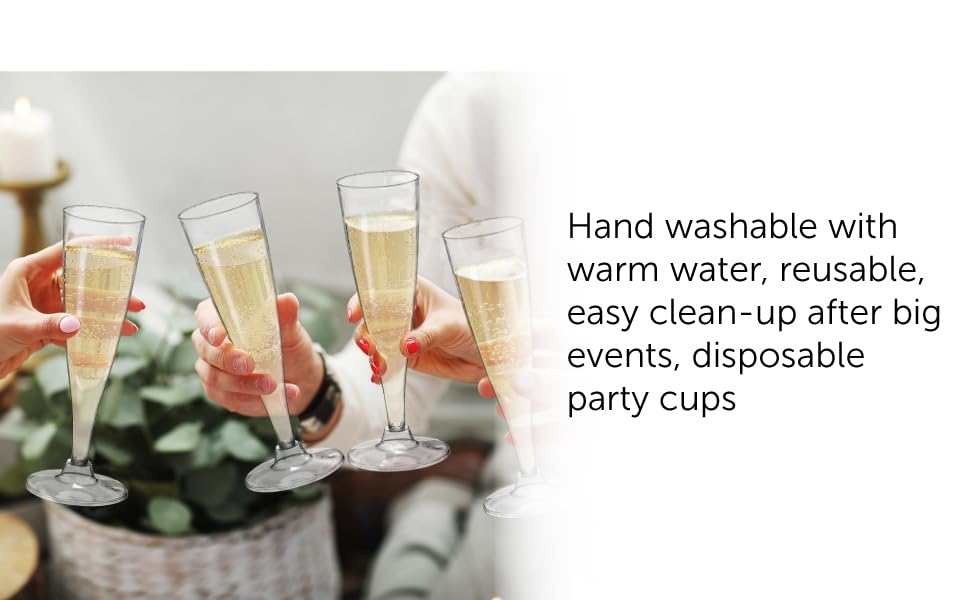 24 Champagne Glasses, 5 Oz -- Plastic Flutes, for Outdoor Parties, Weddings, Hosting, Stackable, Reusable, Disposable Stemmed Cups (Pack of 24) : Health & Household