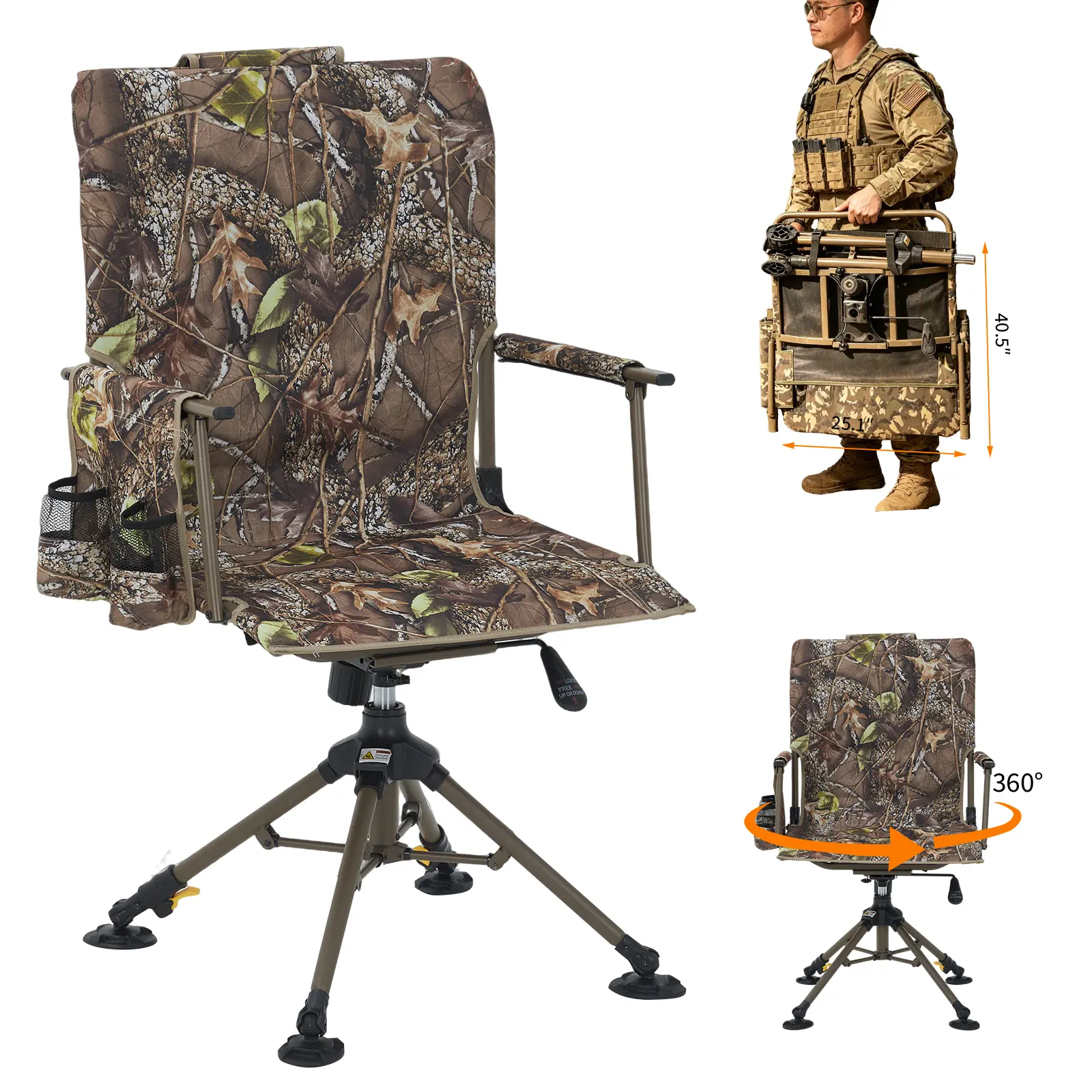 360° Swivel Folding Chair, Silent Portable Seat with 4 Adjustable Legs & Anti-Sink Feet, Supports 330lbs, Stable All-Terrain Outdoor Chair