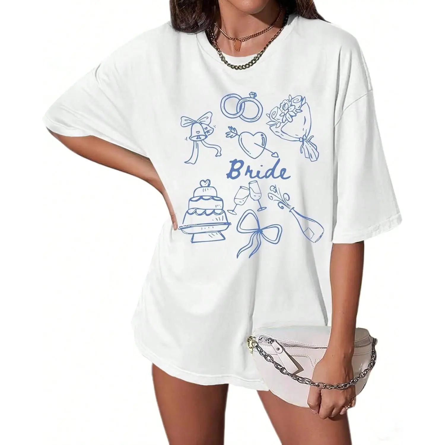 Women's 'Bride' Graphic T-Shirt, Casual Streetwear Short Sleeve Round Neck Top in 100% Cotton for Bachelorette & Bridal Parties, Shortsleeve, Fit, White A, Fabric